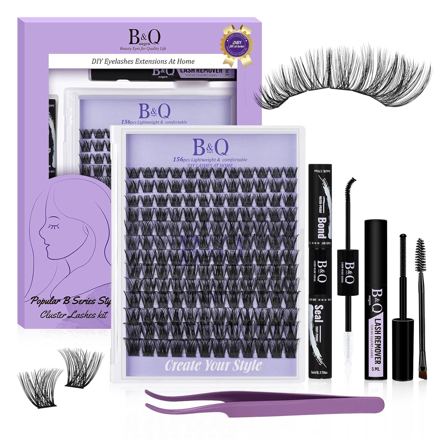 B&Q Lash Clusters 156PCS Lash Clusters Kit B05 DIY Lash Extension Kit Eyelash Extension Kit 8-18mm Lashes Clusters with Lash Bond & Seal Lash Applicator Tool for Self Use (Kit,B05)