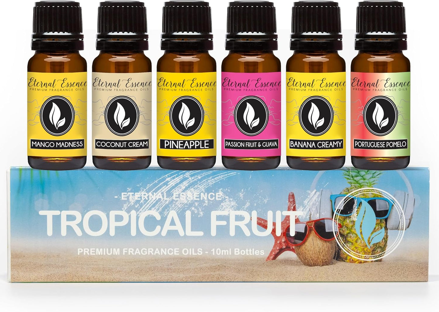 Eternal Essence Oils Tropical Fruit Set of 6 Premium Fragrance Oils - Includes Mango, Coconut Cream, Pineapple, Passion Fruit & Guava, Banana and Portuguese Pomelo Scented Oils - 10ML