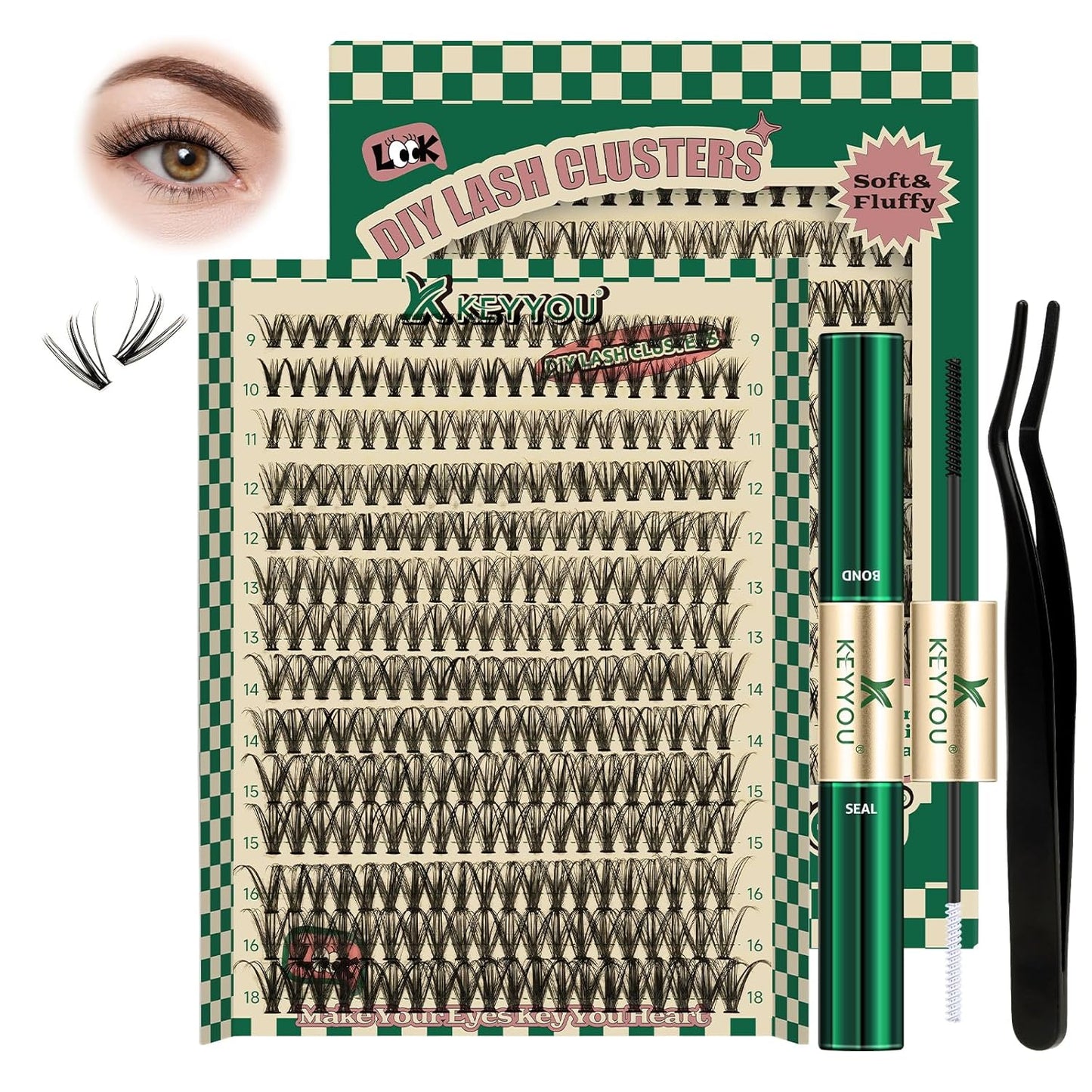 DIY Lash Extension Kit 280pcs Individual Lashes D Curl Eyelash Extension Kit KEYYOU 30D 9-18Mix Lash Clusters with Lash Bond and Seal and Lash Applicator for DIY at Home(KIT-30D-0.07D-9-18Mix)