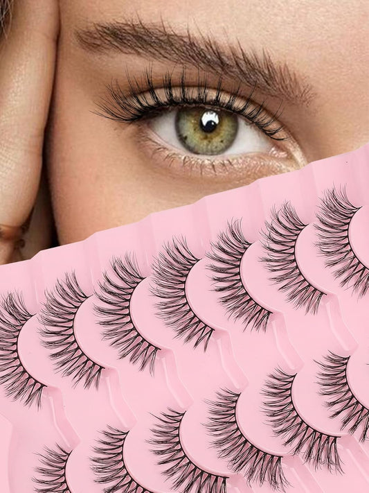 Eyelashes Natural Cat Eye Lashes Wispy C Curl 16mm Strip Lash False Eyelashes Fluffy Eye Lashes 3D Volume Wispy Eyelash Siligli 7 Pair