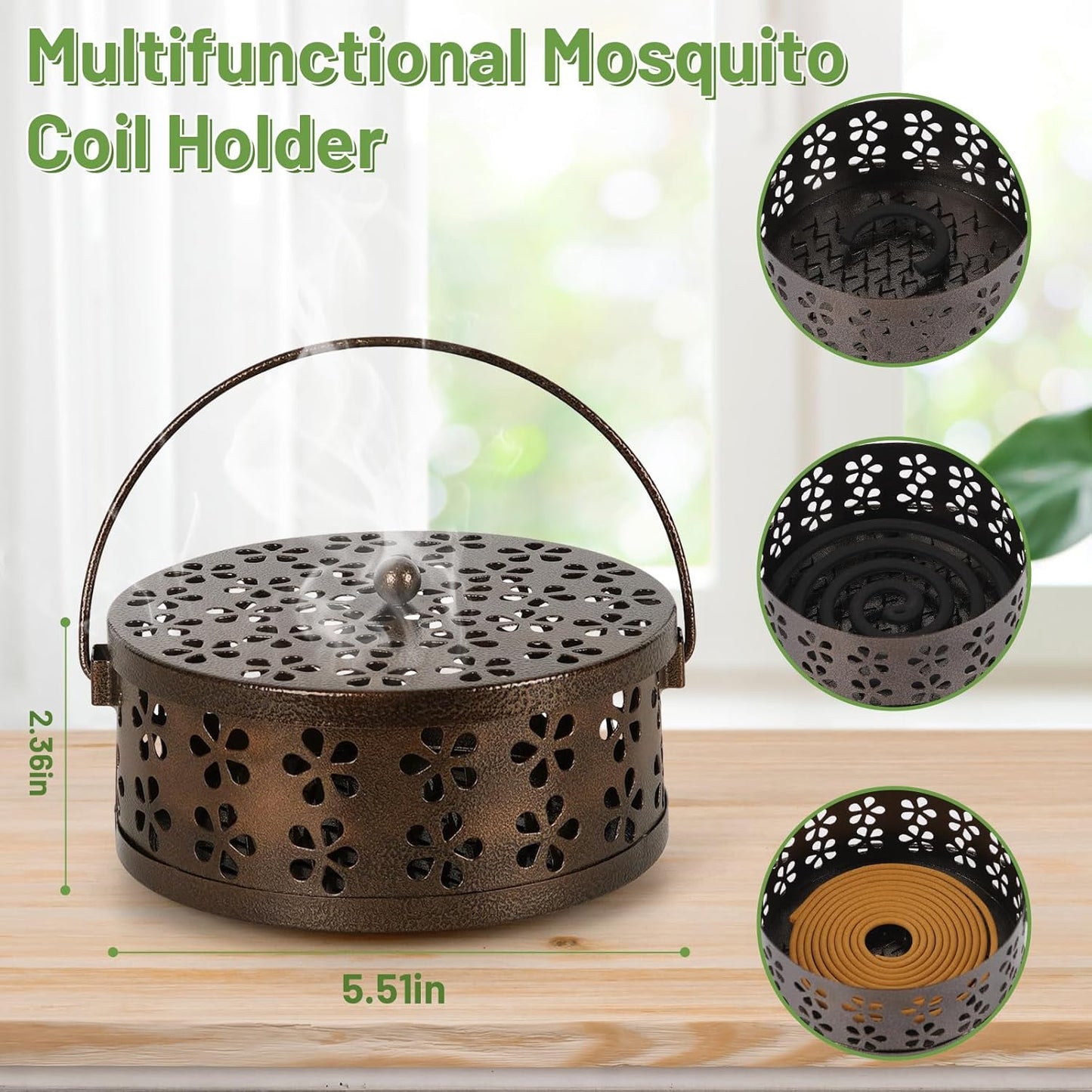 Portable Iron Mosquito Coil Holder with Handle Round Heat-Resistant Incense Holder (Bronze)