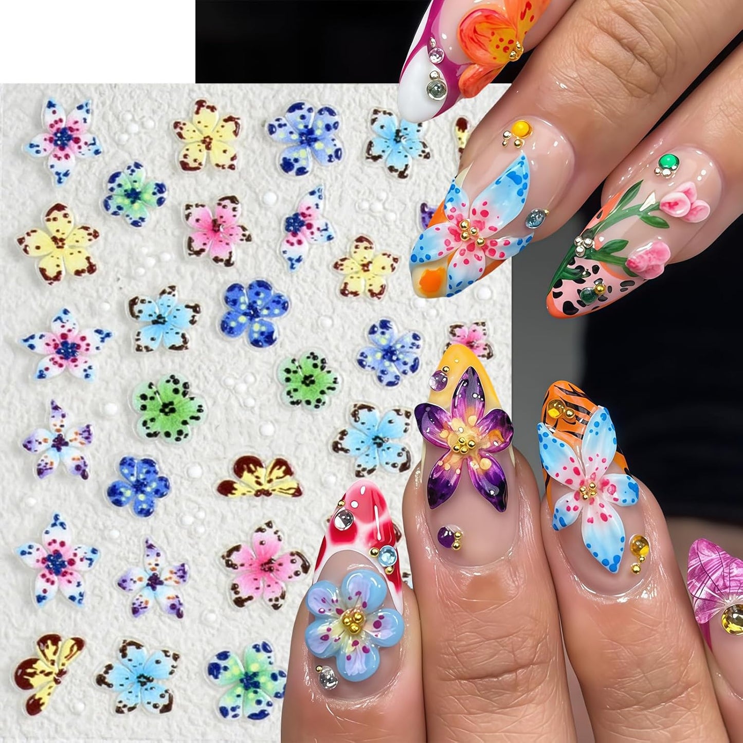 6Sheets Colorful Flower Nail Art Stickers 5D Micro Embossed Hawaiian Flowers Nail Decals Lily Hibiscus Floral Nail Design Tropical Flower Manicure Supplies Summer Floral Nail Accessories for Women