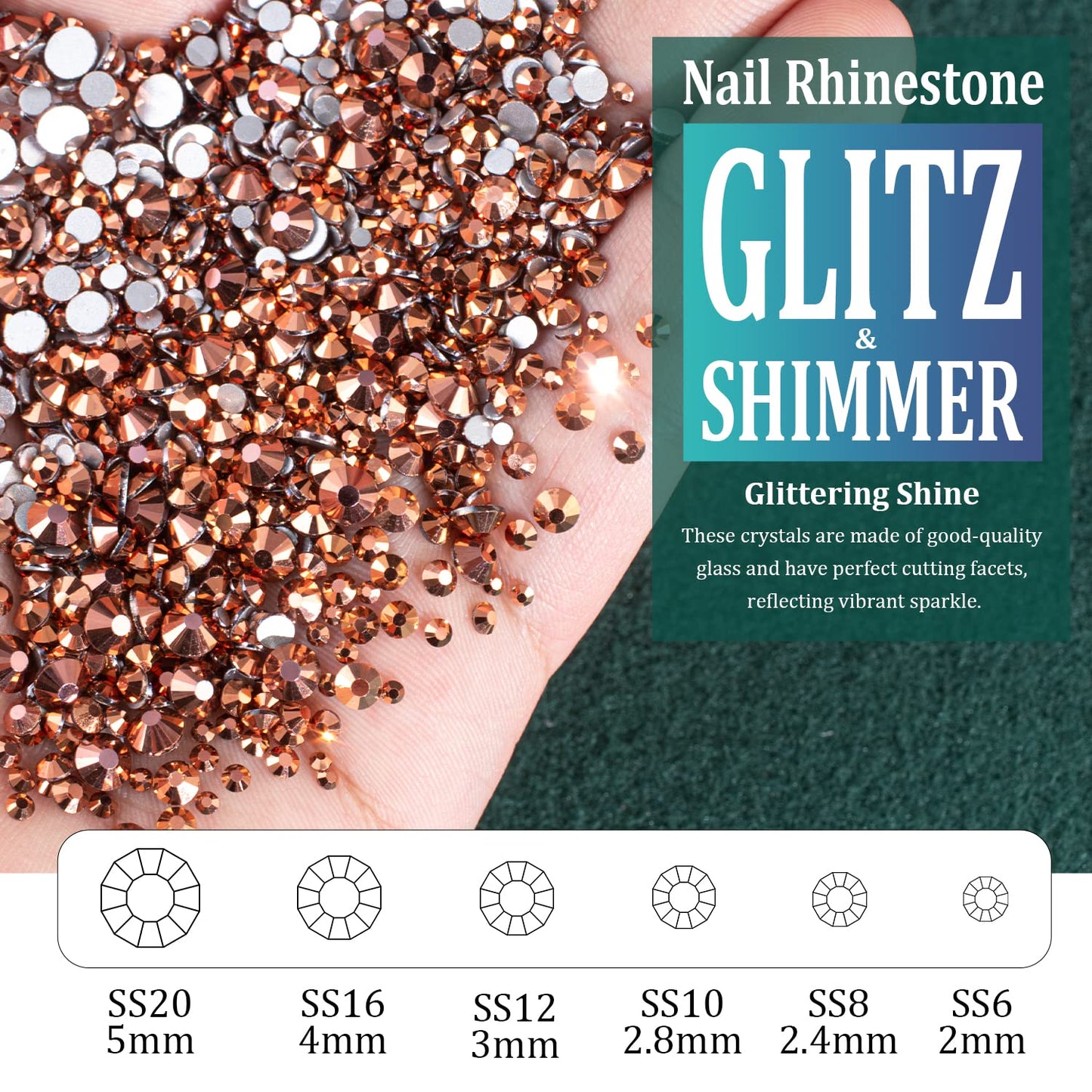 6 Sizes Rose Gold Glass Crystal Kit with Pickup Pen + Tweezer Tools for Shine Nail Art Manicure Makeup DIY Decoration Flatback Round Rhinestone Gem Jewelry Diamond