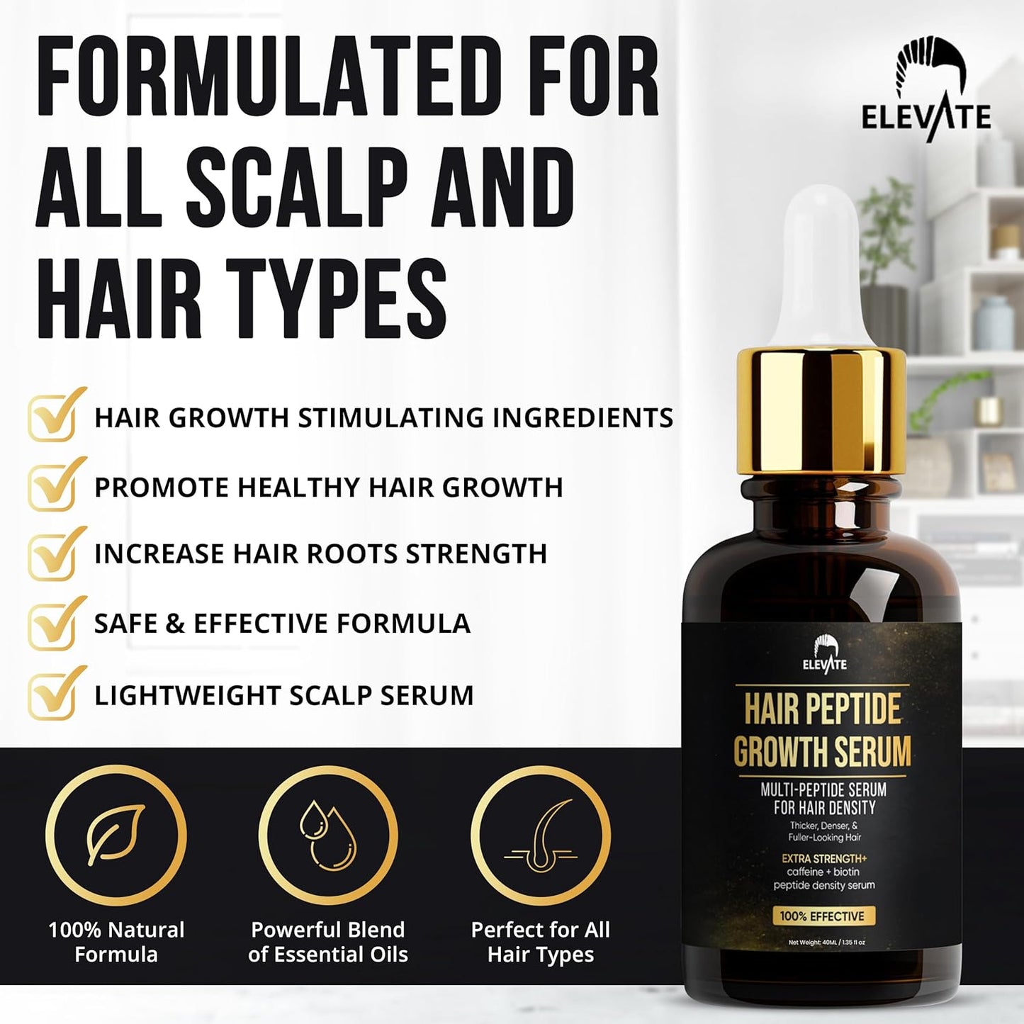 Elevate Multi-Peptide Hair Growth Serum Caffeine + Biotin Peptide Density for Fuller Thicker Visibly Longer Natural Hair Regrowth – Vegan Safe & Gentle Scalp Serum Formula Treatment for Thinning Loss