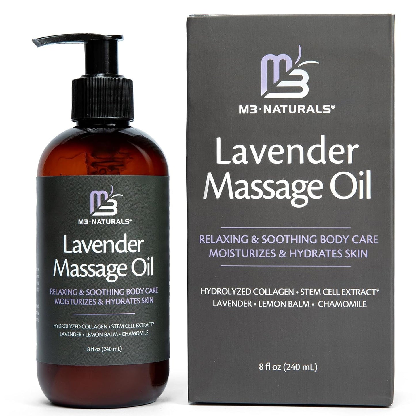 Lavender Sensual Massage Oil with Collagen and Stem Cells, Skin Tightening Therapy for Bum, Thighs, and Belly, Fast-Absorbing Cellulite Oil, 8 fl oz by M3 Naturals