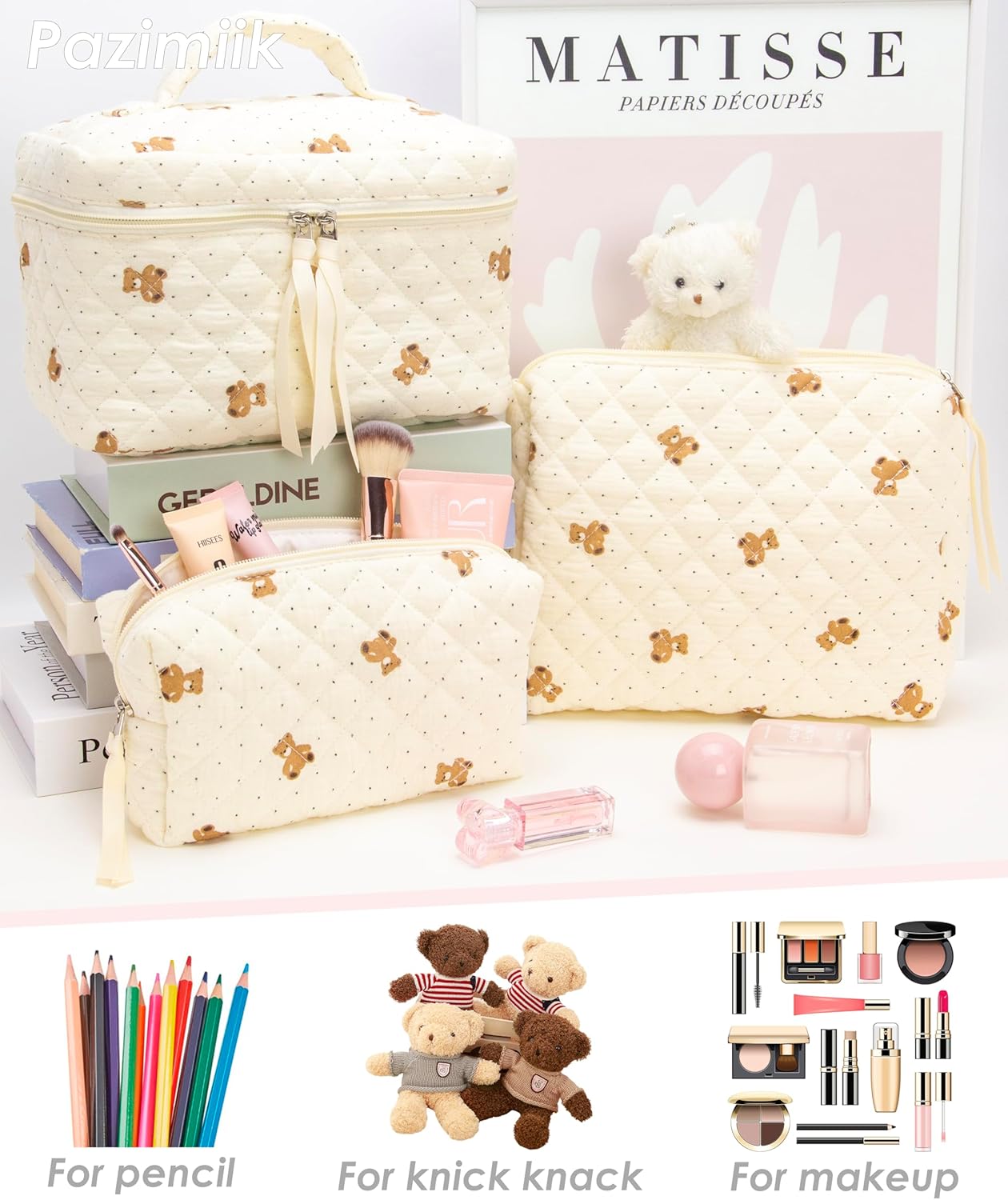 PAZIMIIK 3PCS Makeup Bag SET Large Travel Quilted Zipper Soft Cosmetic Case Pouch for Women Girls Make Up,Gauze Bear