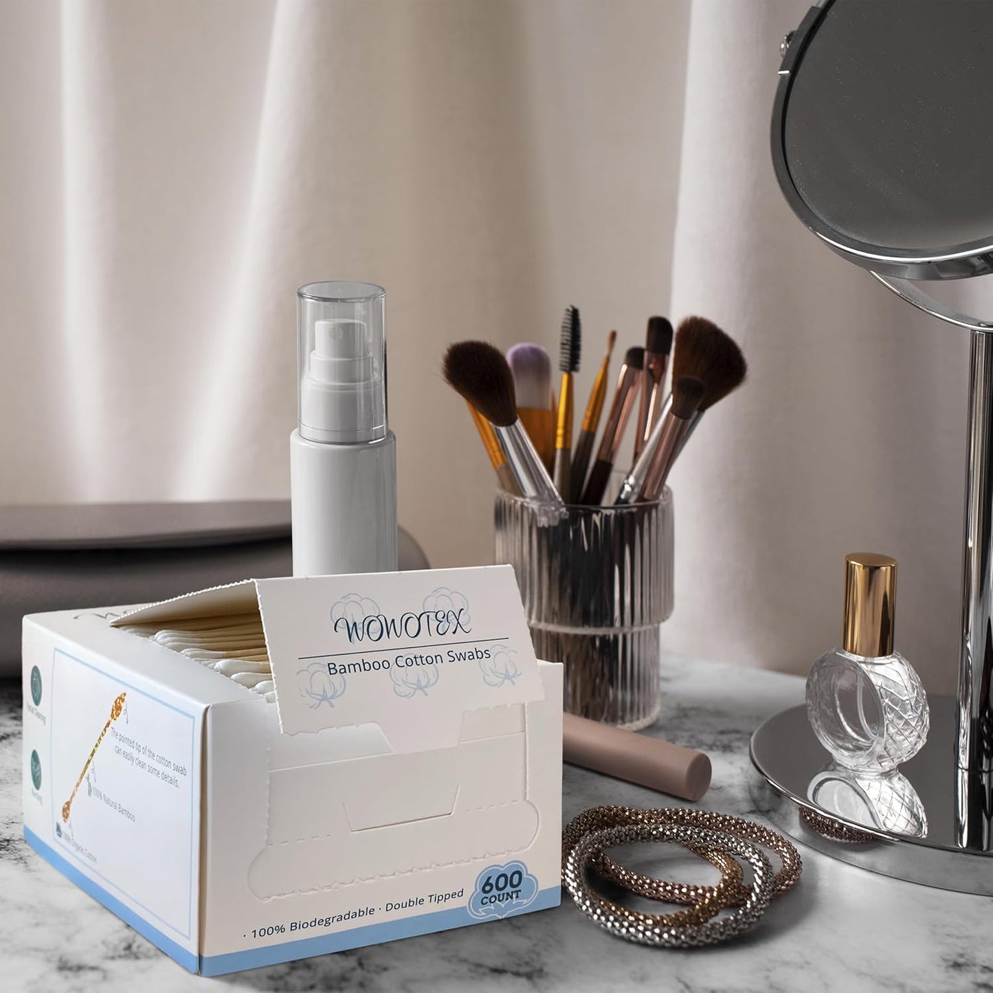 Bamboo Cotton Swabs 2400 Count/4 Box, One Pointed Tip and One Rounded Tip, Biodegradable Cotton Buds with Organic Bamboo Sticks, for Ear Wax Removal, Draw the Eyeliner, Nail Polish Touch-ups