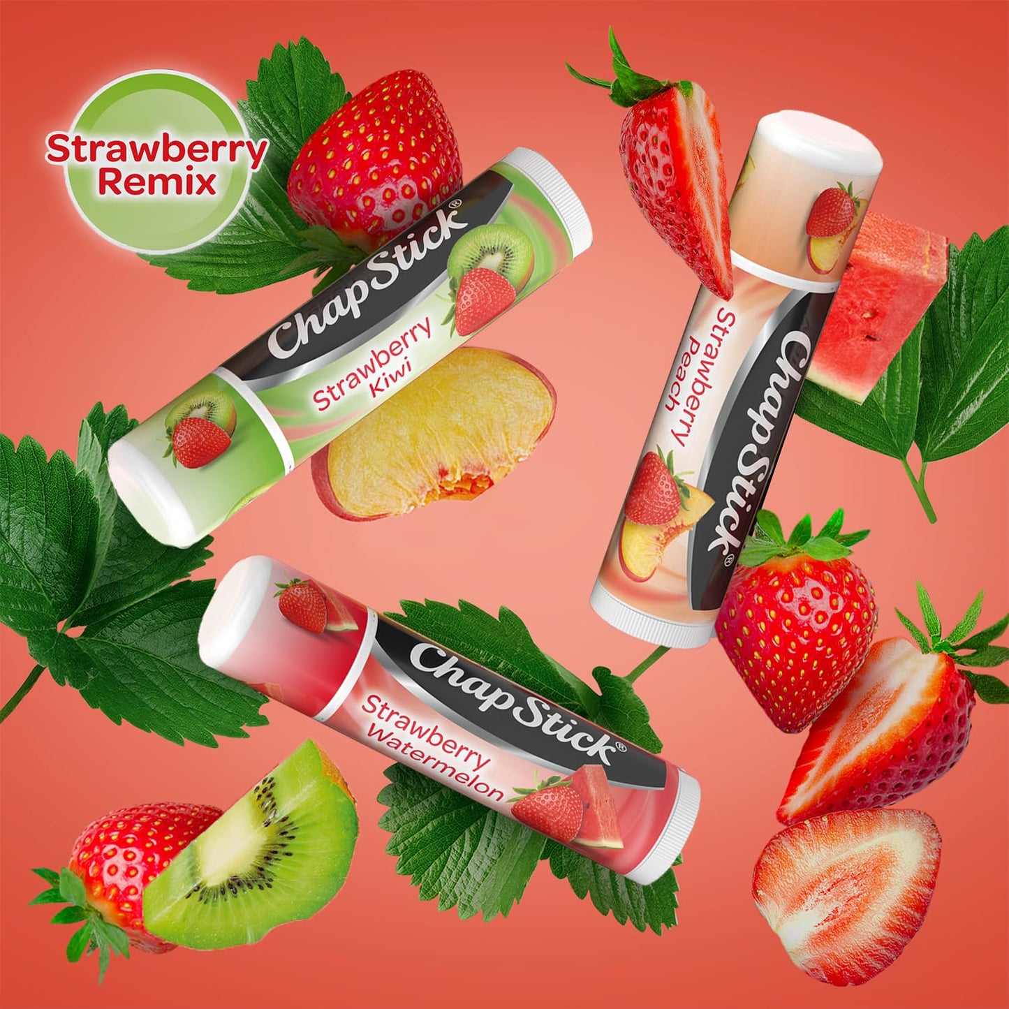 ChapStick Strawberry Lip Balm 5-Pack – Remix 3-Pack + Original 2-Pack, Sweet & Fruity Moisturizers for Dry Lips, 0.15 Oz Ea