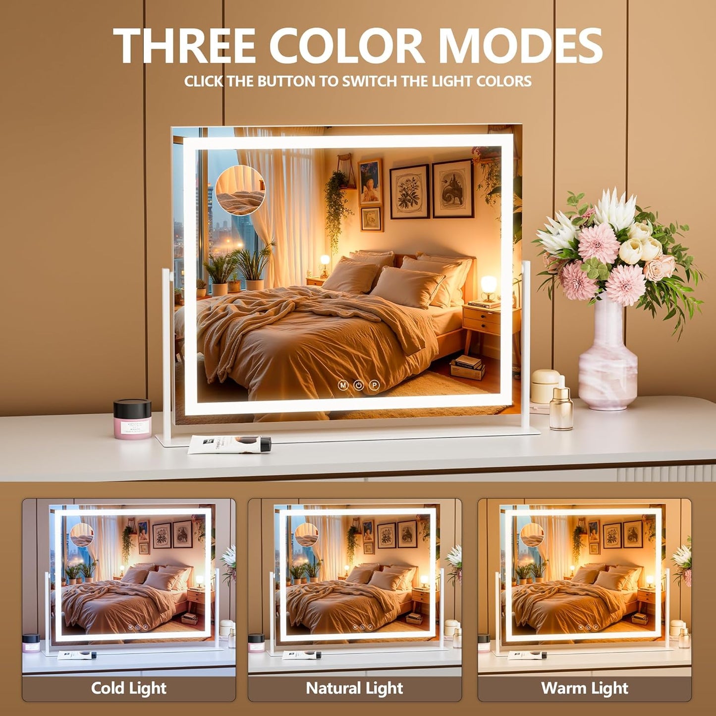 Vanity Mirror with Lights, 30'' x 22'' Lighted Makeup Mirror, Touch Screen with 3-Color Lighting, Dimmable for Vanity Desk Tabletop Square White