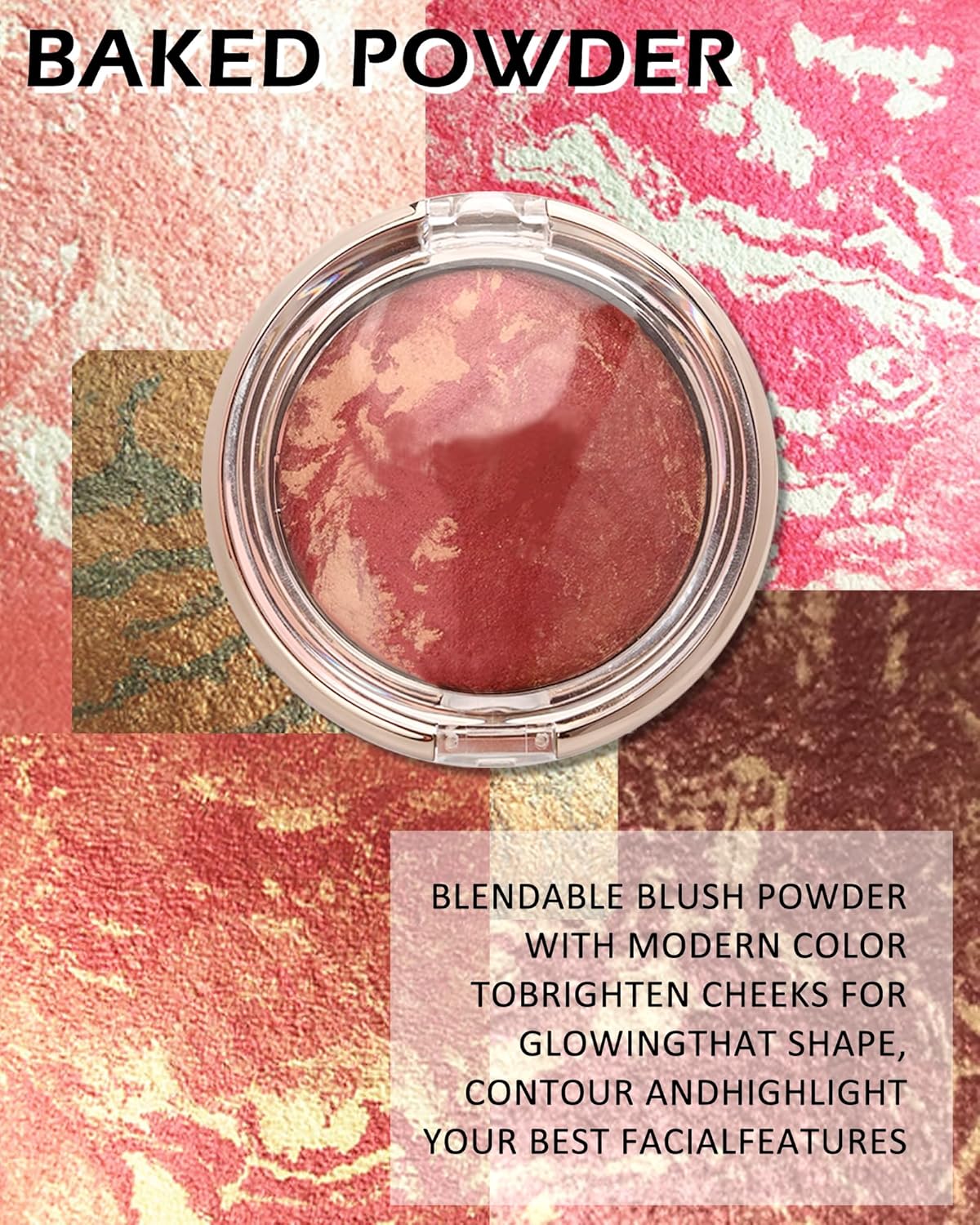 Baked Powder Blush, Glow Marbleized Blusher Powder Palette,Lightweight Shimmery Cruelty-Free face Blush for Cheeks,Eyeshadow & Highlight,Makeup Gift for Women rubores de maquillaje(0.49Ounce)-04
