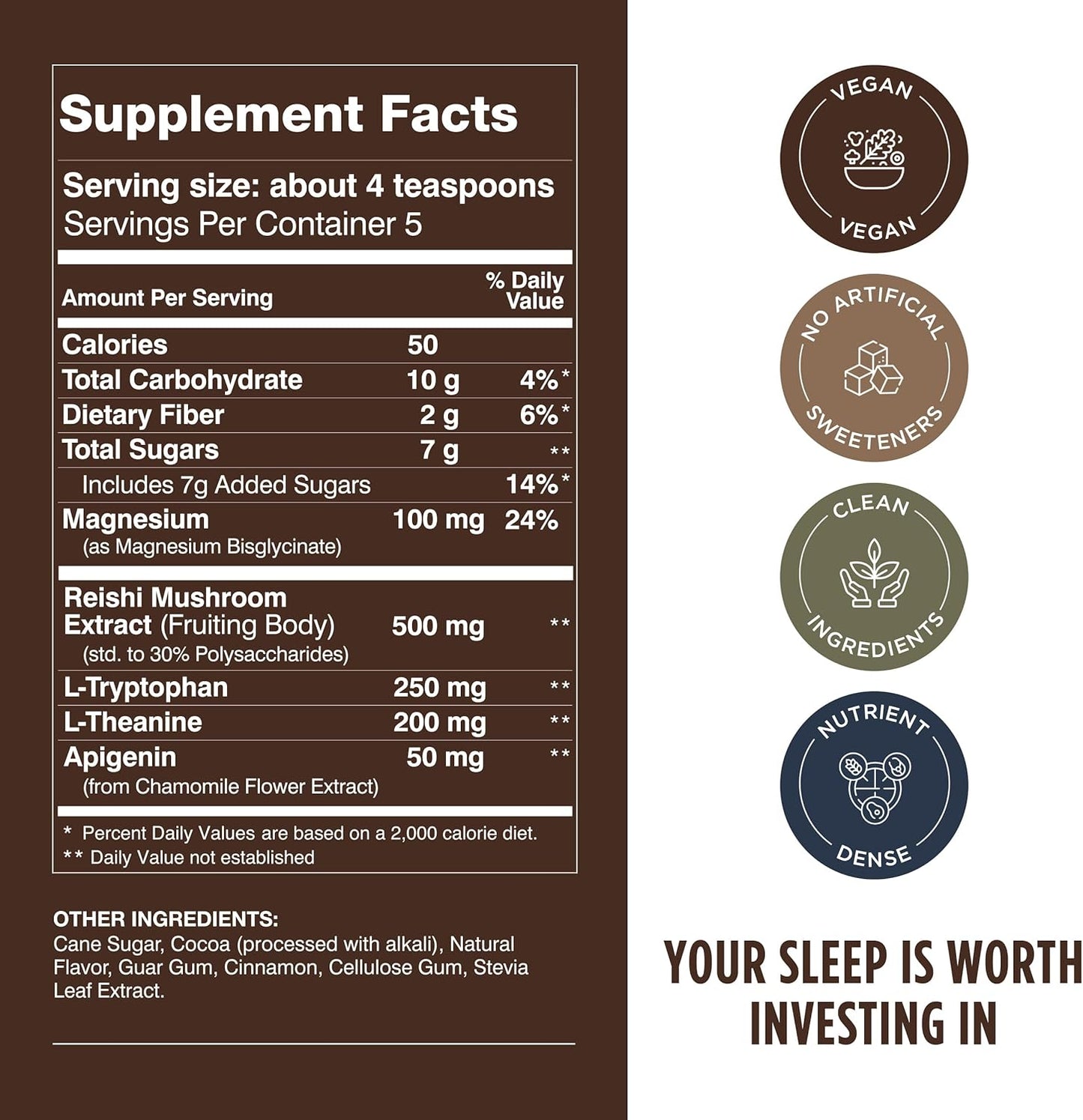 Calm Evening Tonic Sleep Powder - Cinnamon‑Cocoa Nighttime Superfood Drink Mix - Magnesium, L‑Theanine, Reishi Mushroom & L‑Tryptophan for Deep Sleep & Recovery, No Grogginess - 5 Servings