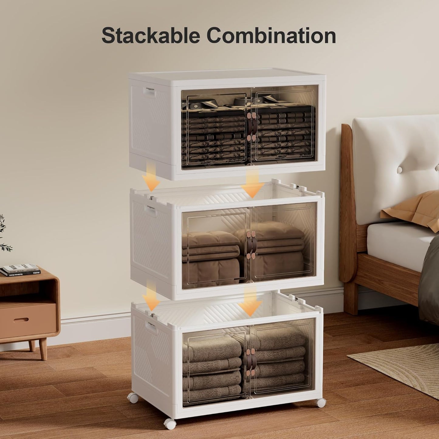 JOYMOOP Folding Storage Bins Organizer, 252 Quart Collapsible Storage Boxes with Wheels and Door, Stackble Plastic Storage Container for Clothing, Books and Sundries (XXL, 21 Gal Per, 3 Tiers)