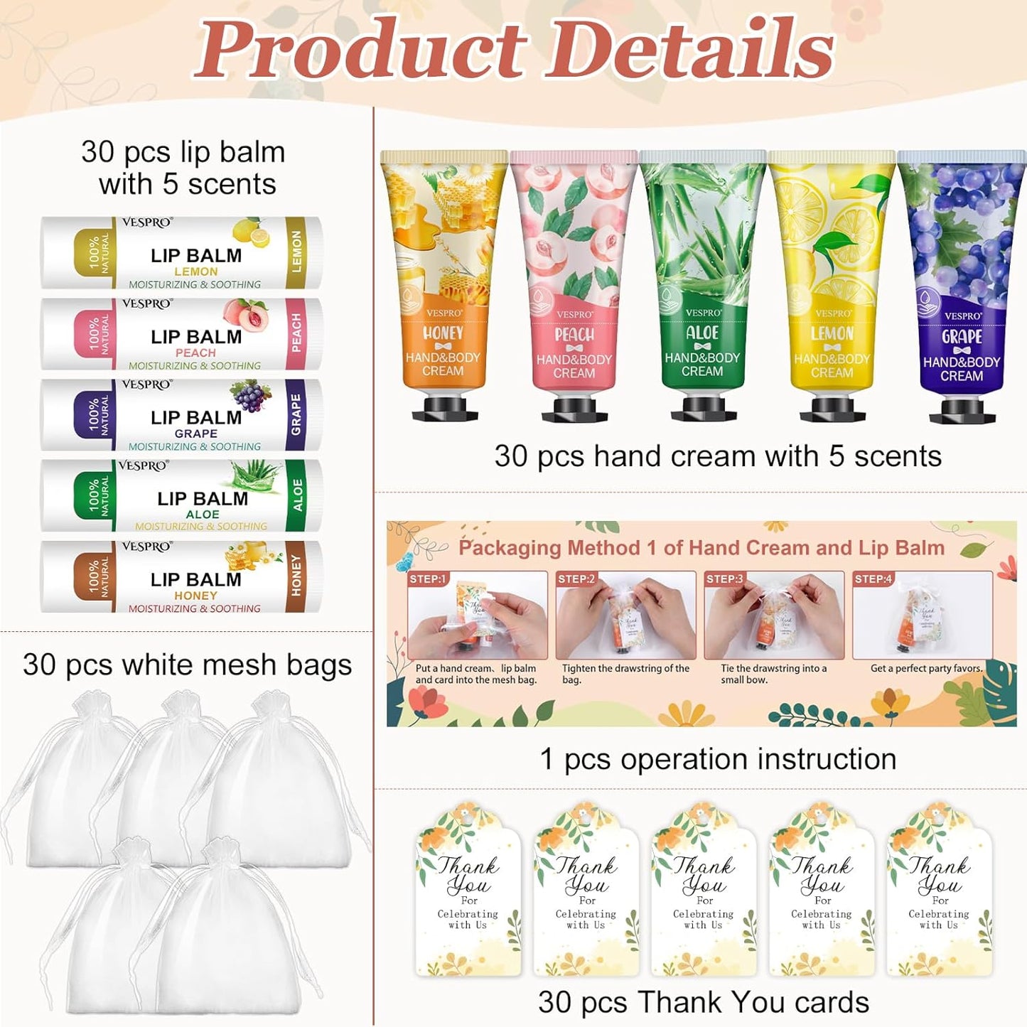 30 Sets Bulk Hand Lotion and Bulk Lip Balm Gifts, Bridal Shower Favors, Bridesmaid Gifts and Wedding Favors for Guests with Thank You Card and Organza Bags, Employee Appreciation Gifts, Birthday Gifts