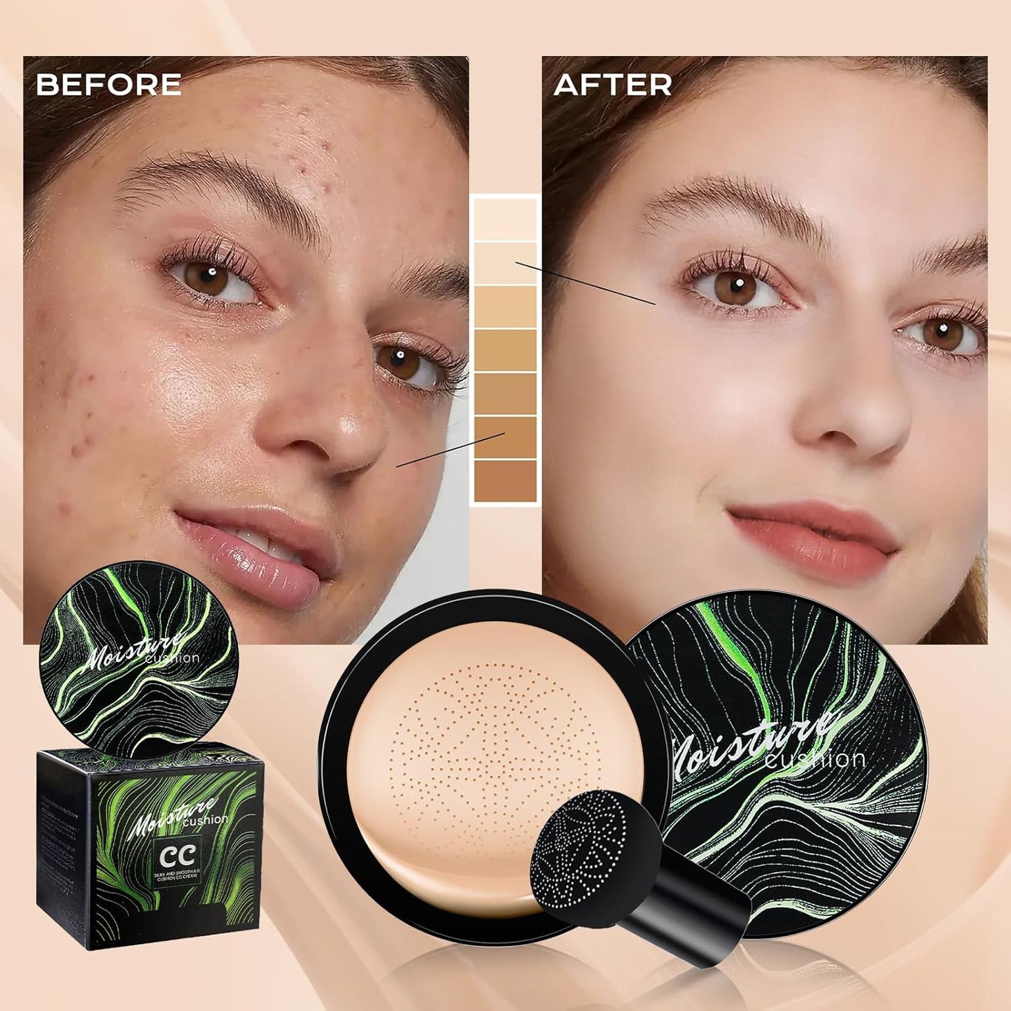 Mushroom Head Air Cushion CC Cream - BB Cream Foundation Makeup Moisturizing Concealer Long-Lasting, Cushion Foundation Full Coverage Self Adjusting for Mature Skin & All Skin Types (Natural)