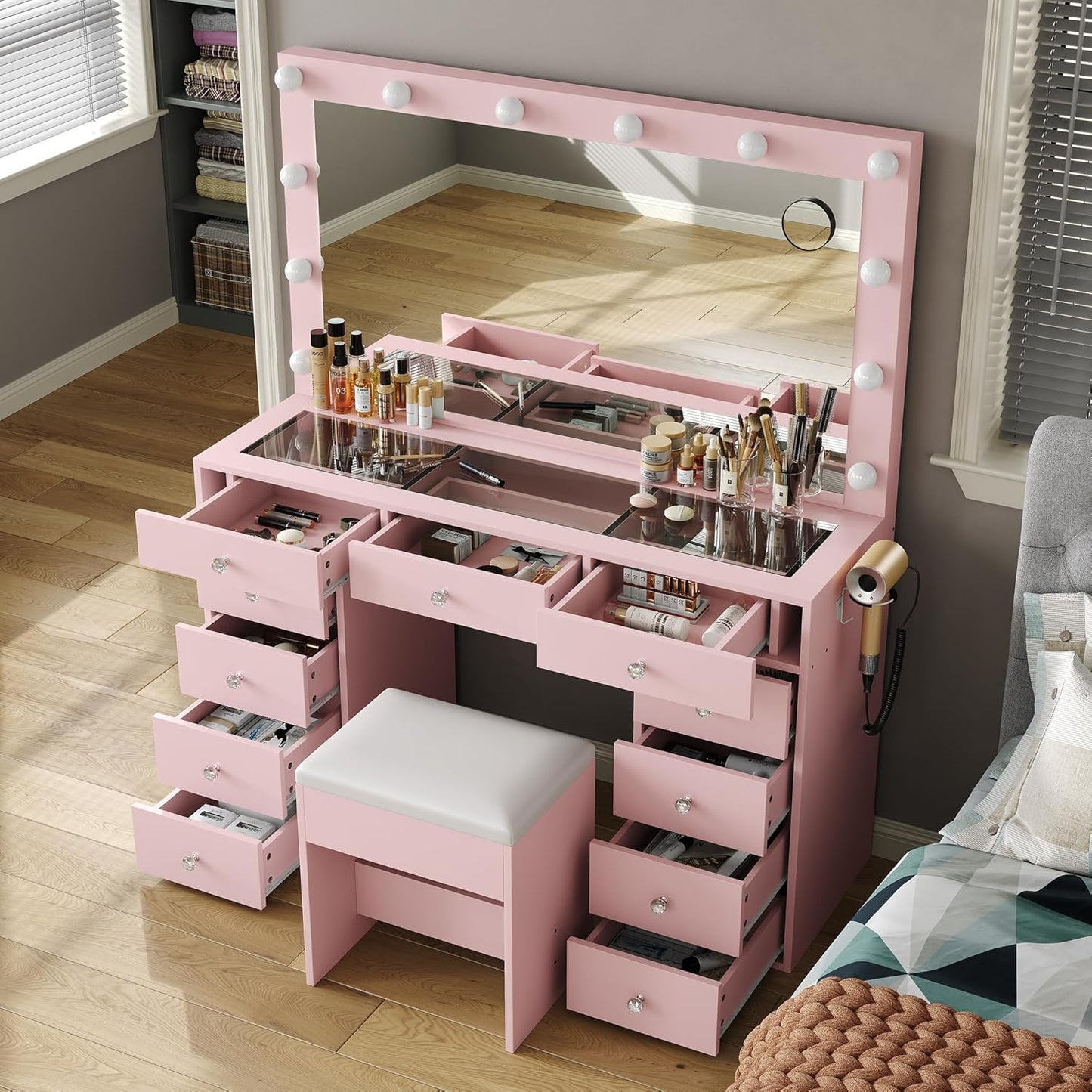 11 Drawers Vanity Desk, Makeup Vanity with Power Outlet, Glass Top, Vanity with Mirror and Light, 3 Color Option, Brightness Adjustable, Dressing Table for Bedroom