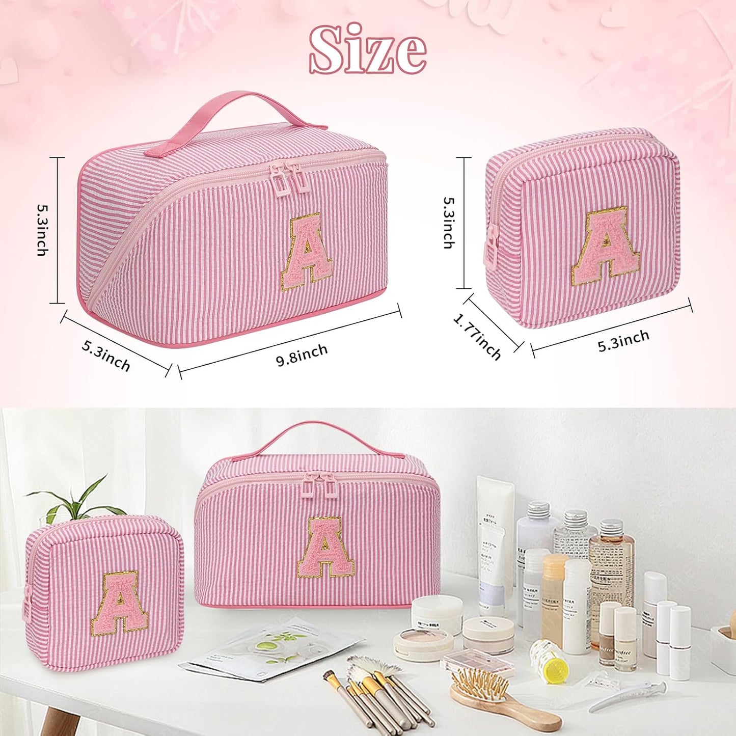 Travel Makeup Bag for Women, 2Pcs Portable Personalized Initial Makeup Organizer Bag, Open Flat Large Cosmetic Bag With Travel Essential Pouch (Pink Letter P)