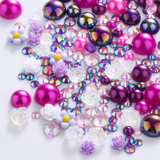 160g Pink Purple Flat Back Pearls Rhinestones for Crafts Mixed Size 3mm-10mm AB Color Round Half Pearls Flatback Pearl Beads and Resin Rhinestones Set for Face Art
