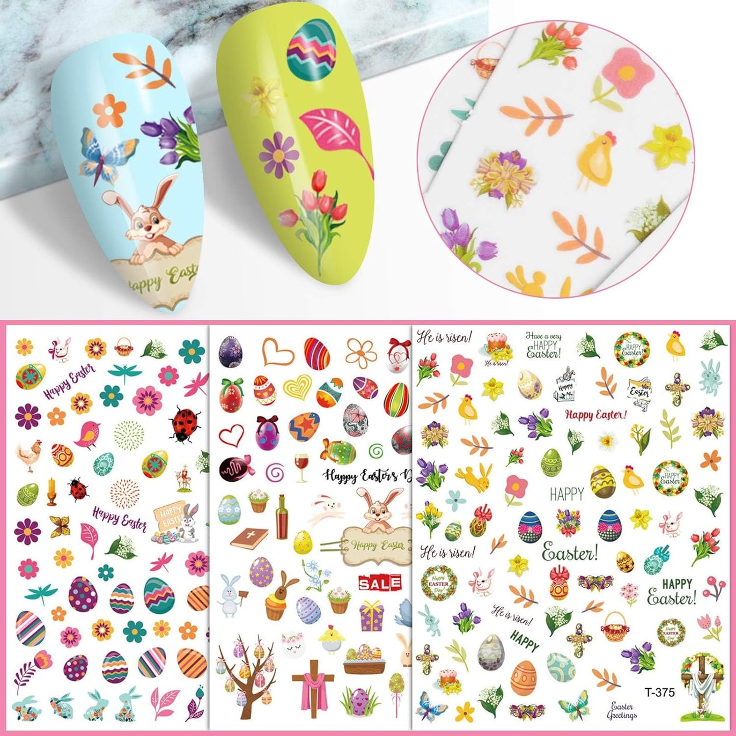 Kalolary 8 Sheet Easter Nail Art Stickers Self Adhesive Easter Nail Stickers DIY Nail Decals Bunny Eggs Chick Rabbits Flower Nail Design Sticker Nail Decoration for Women Girls Kids