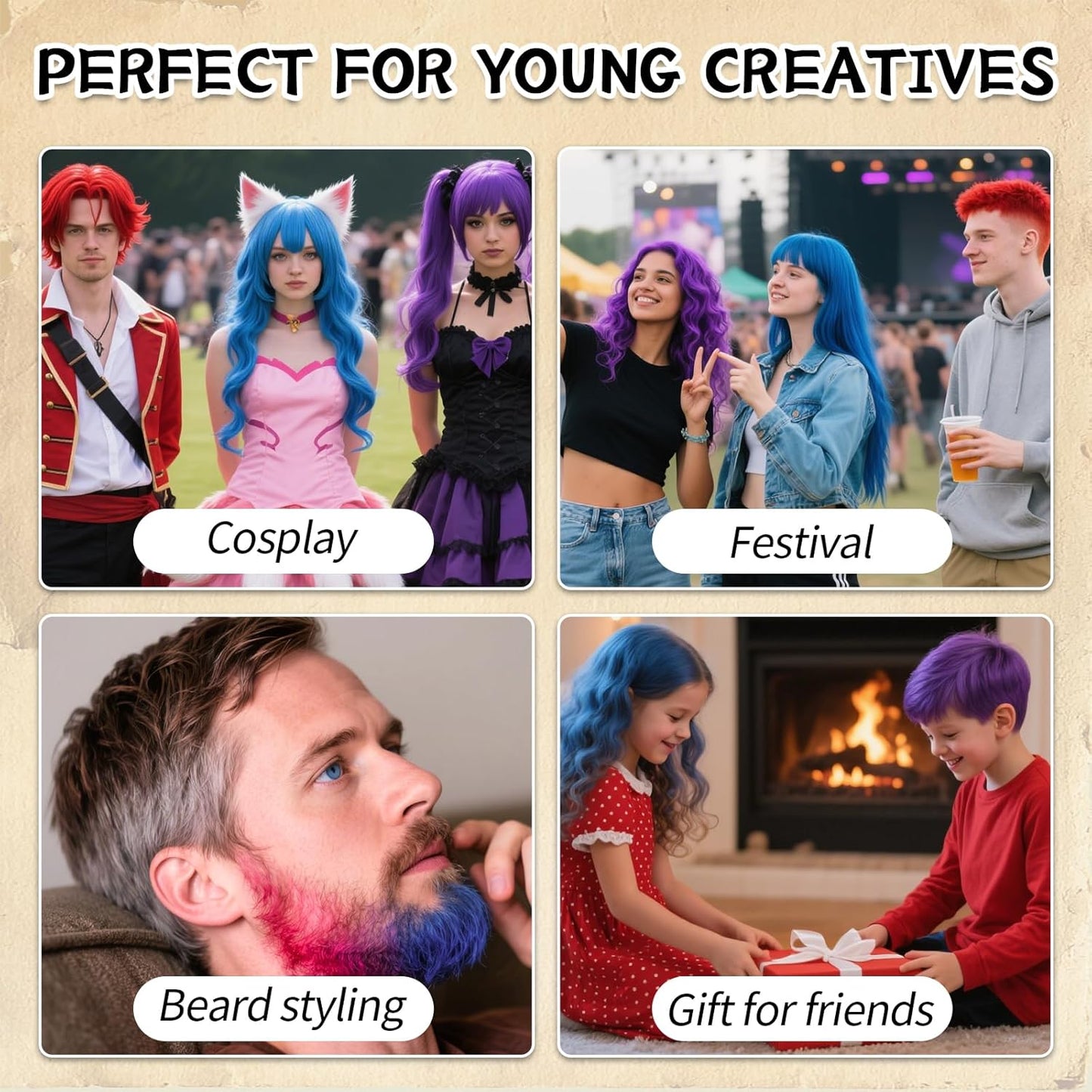 Byhoo Blue Red Purple Temporary Hair Color for Dark Hair Dye, Cream Formula, Washable Hair Dye for Kids Girls Birthday Party Halloween Cosplay Hair Gift