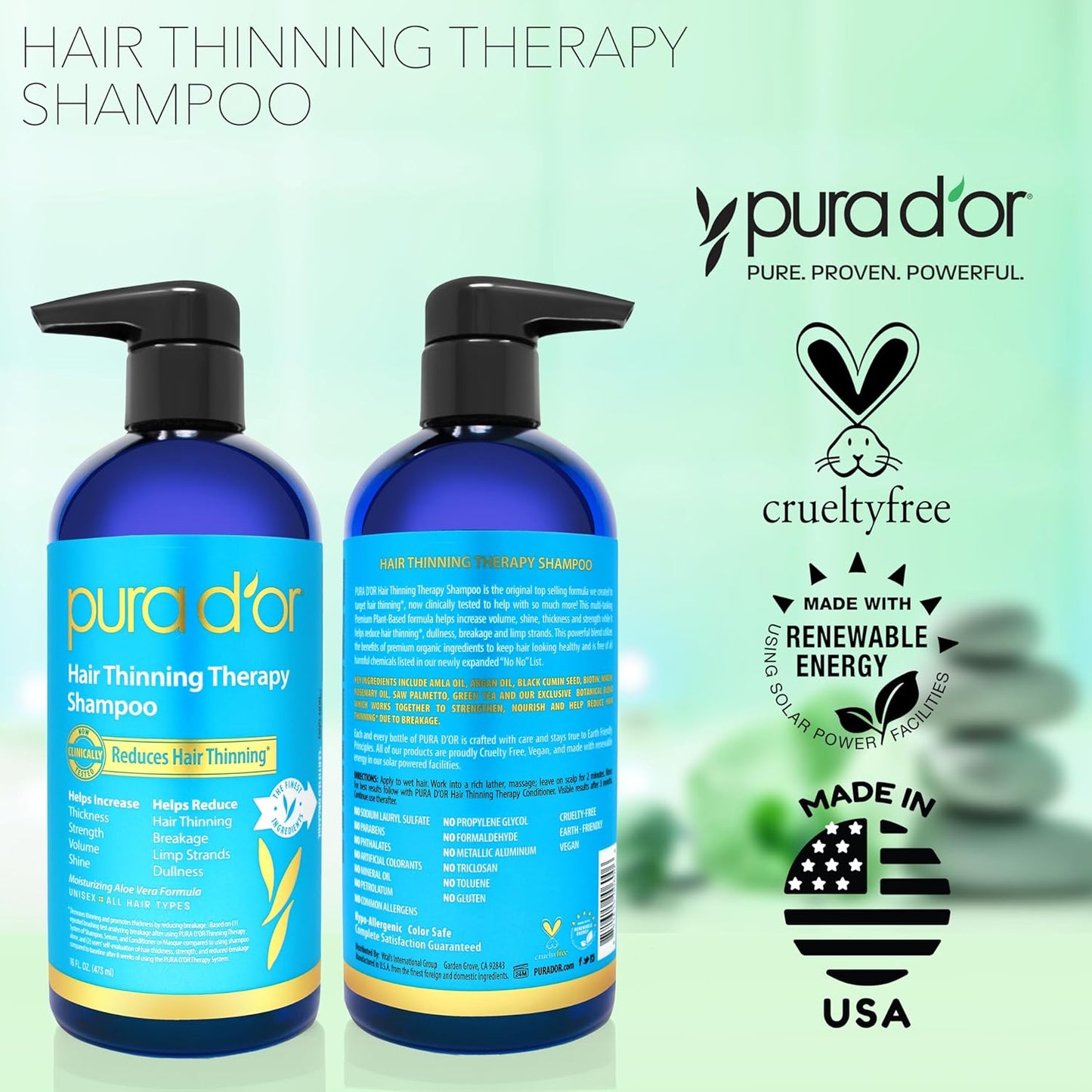 PURA D'OR 16 Oz Hair Thinning Therapy Biotin Shampoo - ORIGINAL Scent - CLINICALLY TESTED Effective Results, Herbal Blend Hair Thickening Products For Women & Men, Color Safe Routine Shampoo