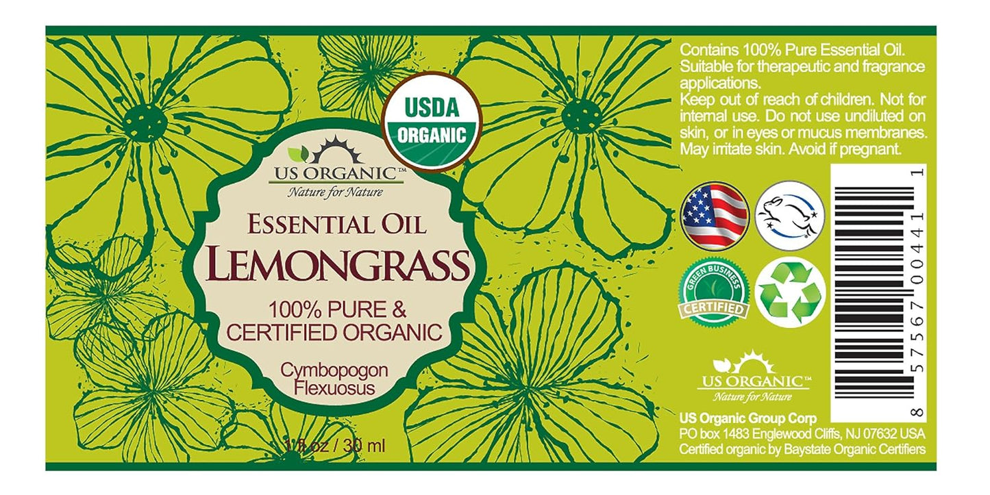 US Organic 100% Pure Lemongrass Essential Oil, USDA Certified Organic, Extracted by Steam Distillation Method, for Hair, Nail Polish Remover, Bees Attraction, and More. 30 ml, Value 2 Pack
