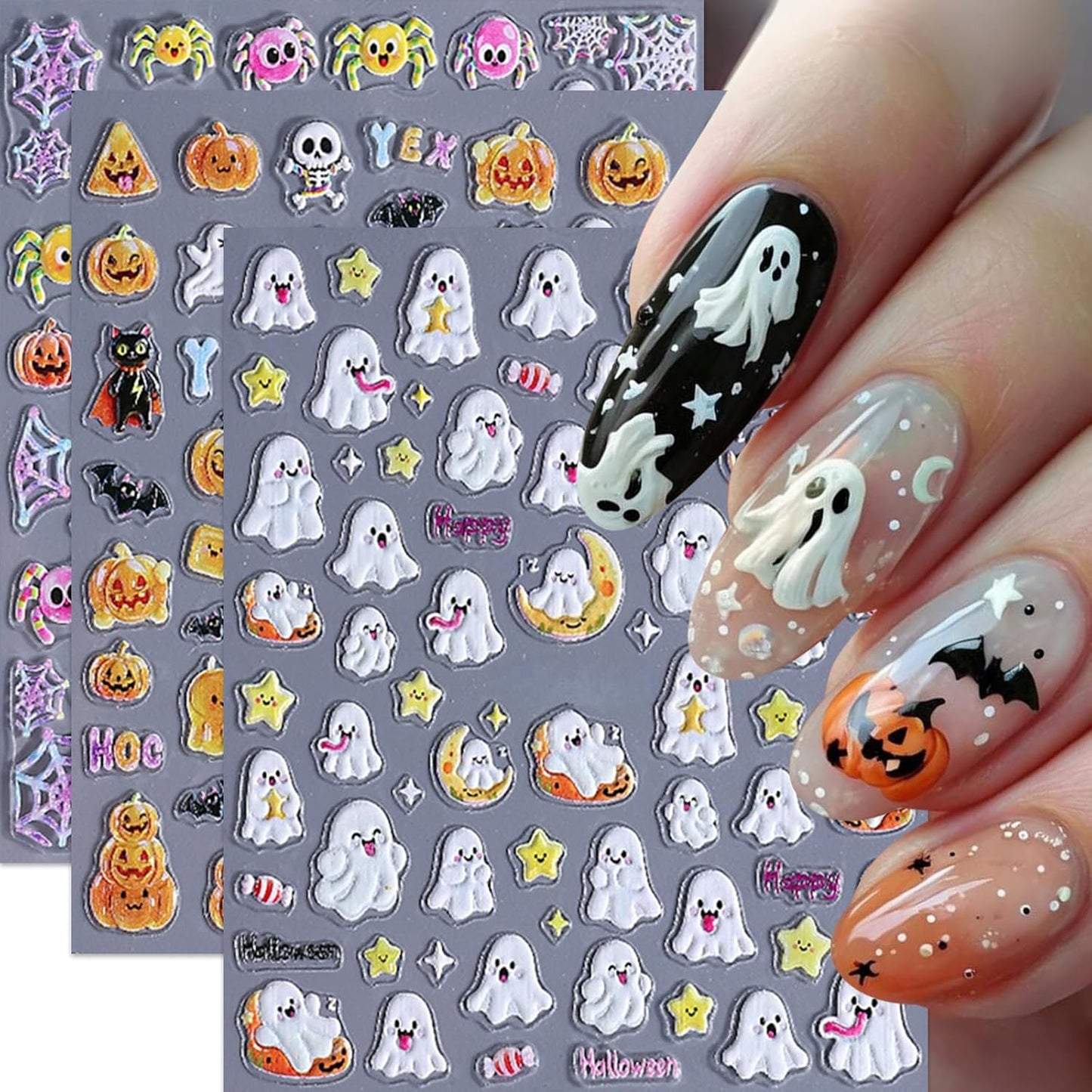 3 Sheets Halloween Nail Stickers 5D Embossed Star Moon Ghost Self-Adhesive Nail Decals Pumpkin Ghost Nail Art Stickers Spider Web Skulls Bat Nails Design Nail Supplies for Acrylic Nails Manicure Decor