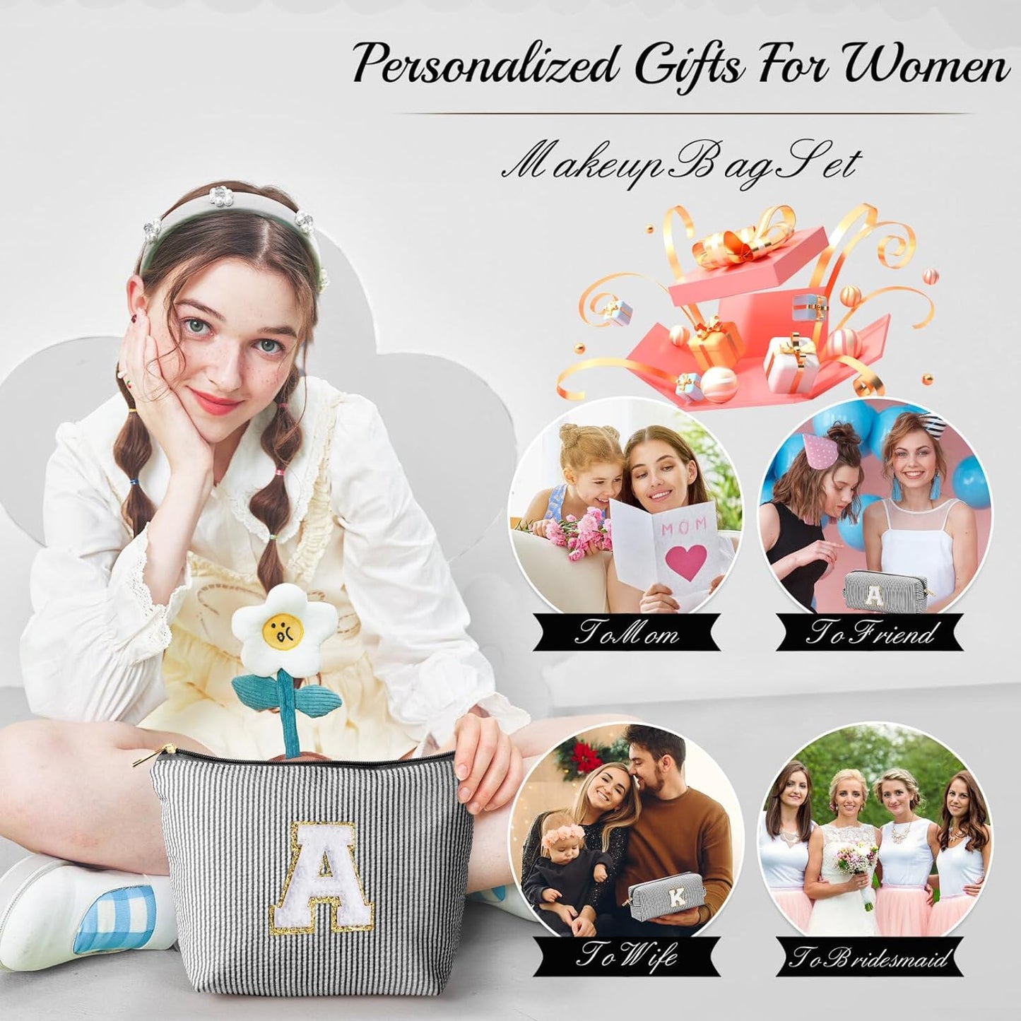 YOOLIFE Initial Makeup Bag for Women - Teen Girl Gifts Trendy Stuff Monogram Cute Makeup Bags Make Up Case for Women Her Best Friend Friendship Sister Teacher Birthday Gifts for Women Mom Black L