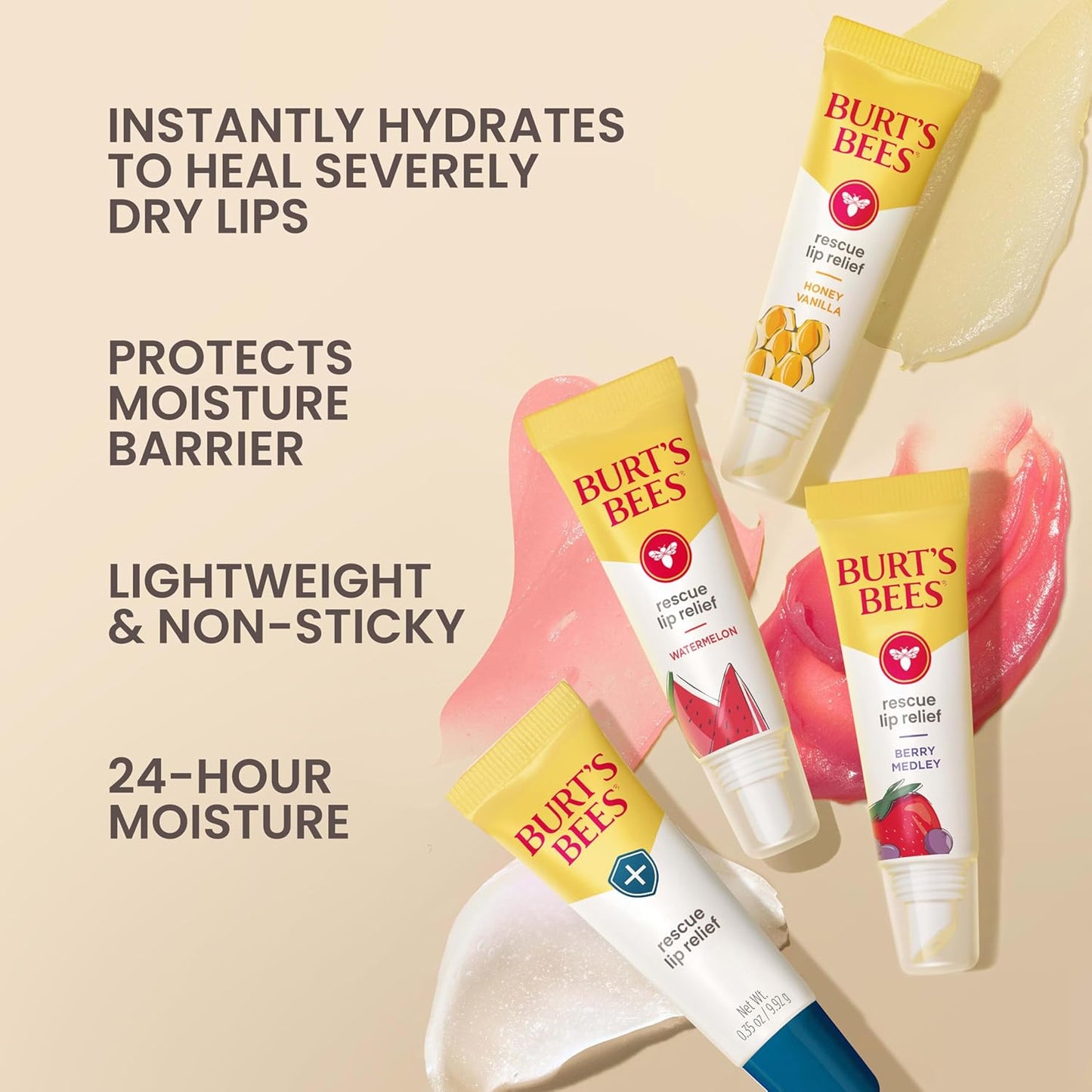 Burt's Bees Rescue Lip Relief, Honey Vanilla, Hydrating Lip Balm for Dry Cracked Lips, with Responsbily Sourced Beeswax and Shea Butter, 100% Natural Origin, 1 Squeezy Tube, 0.35oz
