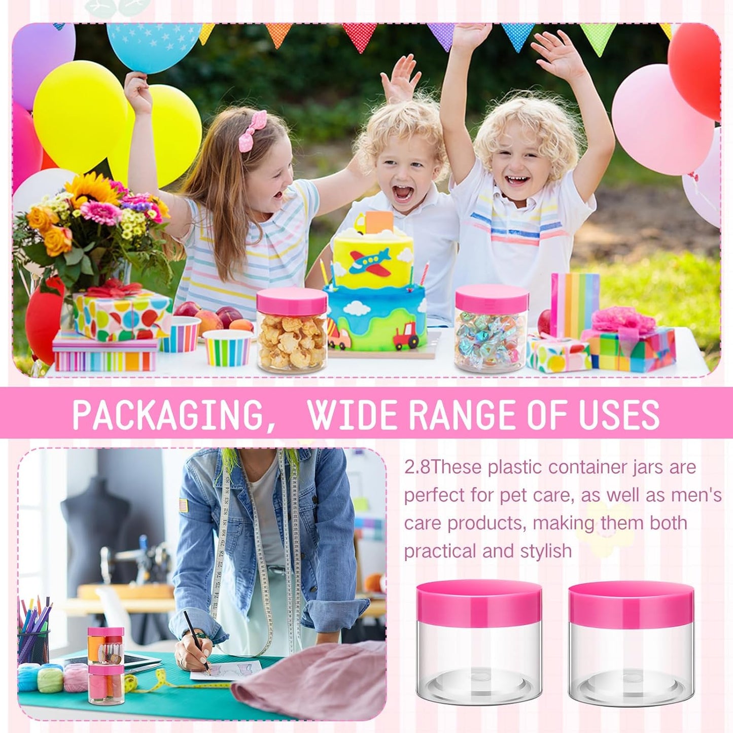 SATINIOR 24 Pieces Empty Clear Plastic Jars with Lids Round Storage Containers Wide Mouth for Beauty Product Cosmetic Cream Lotion Liquid Butter Craft and Food(Pink Lid,4 oz)