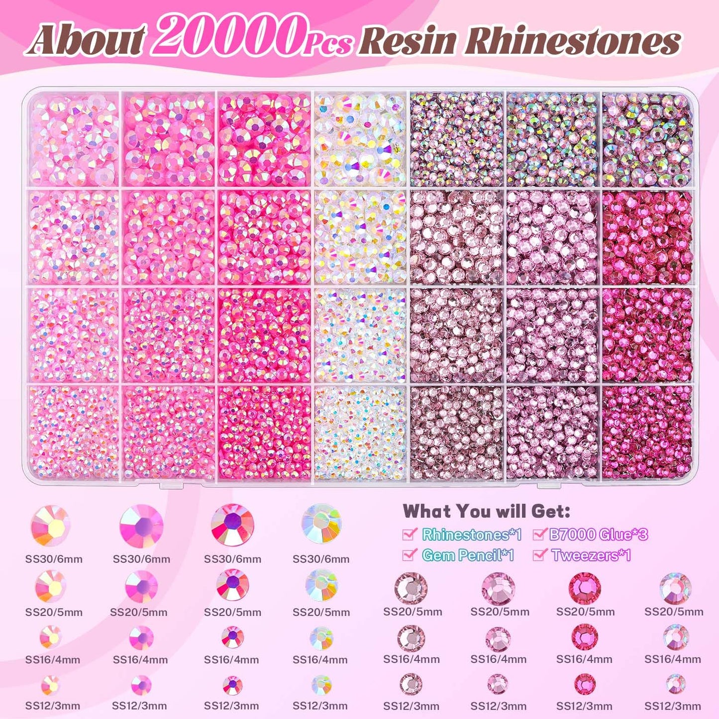 20000Pcs Pink Rhinestones for Bedazzling with 3Pcs B7000 Jewelry Glue, Resin Rhinestones for Crafting Crafts，Bedazzler Kit Flatback Gems for Clothing Shoes Tumblers Nail Art