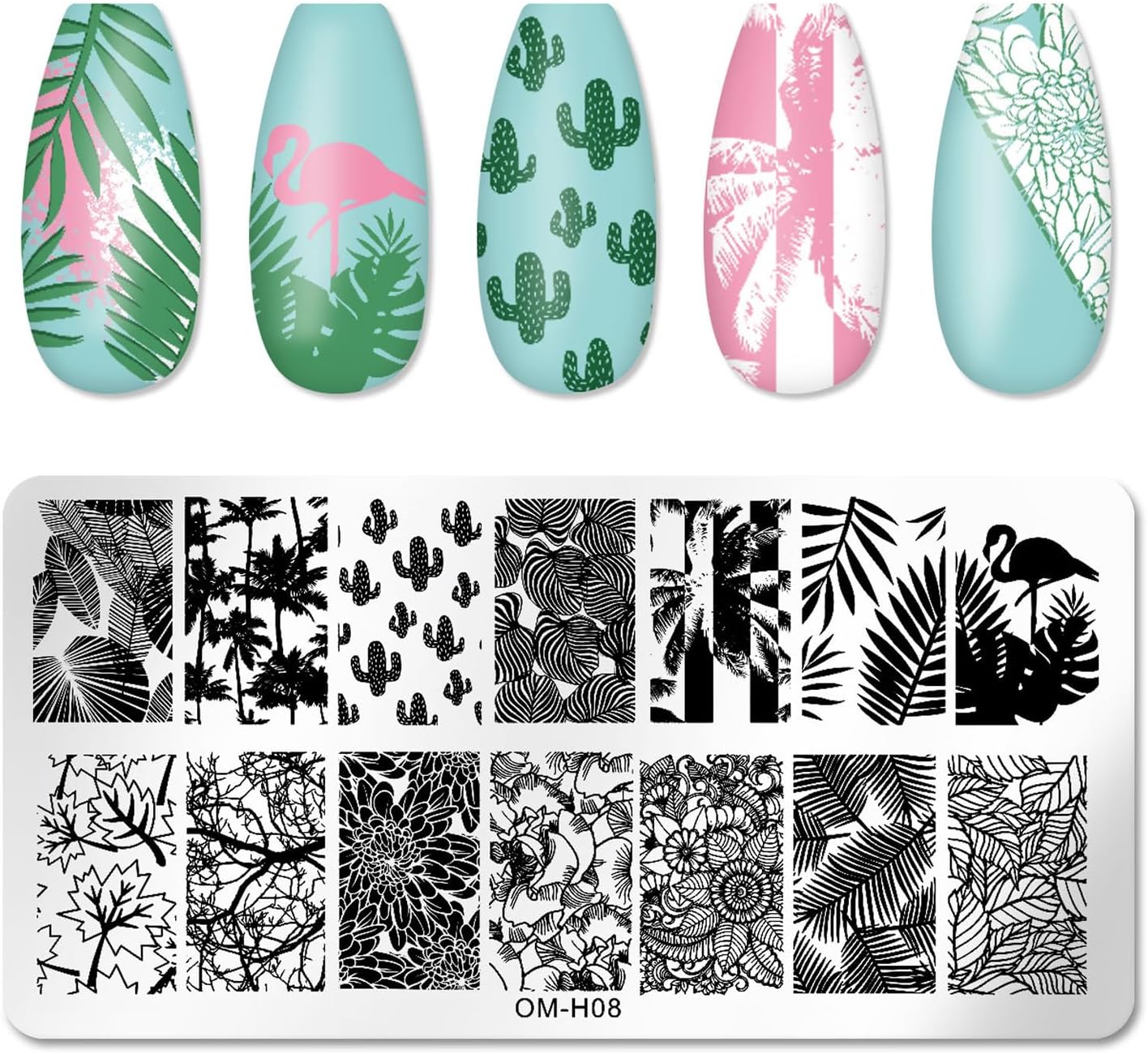 6pcs Nail Art Stamping Plates Set Manicuring Accessories Coconut Tree Leaves Flowers Birds Cactus Island Geometry Image Template for DIY Tips Decoration