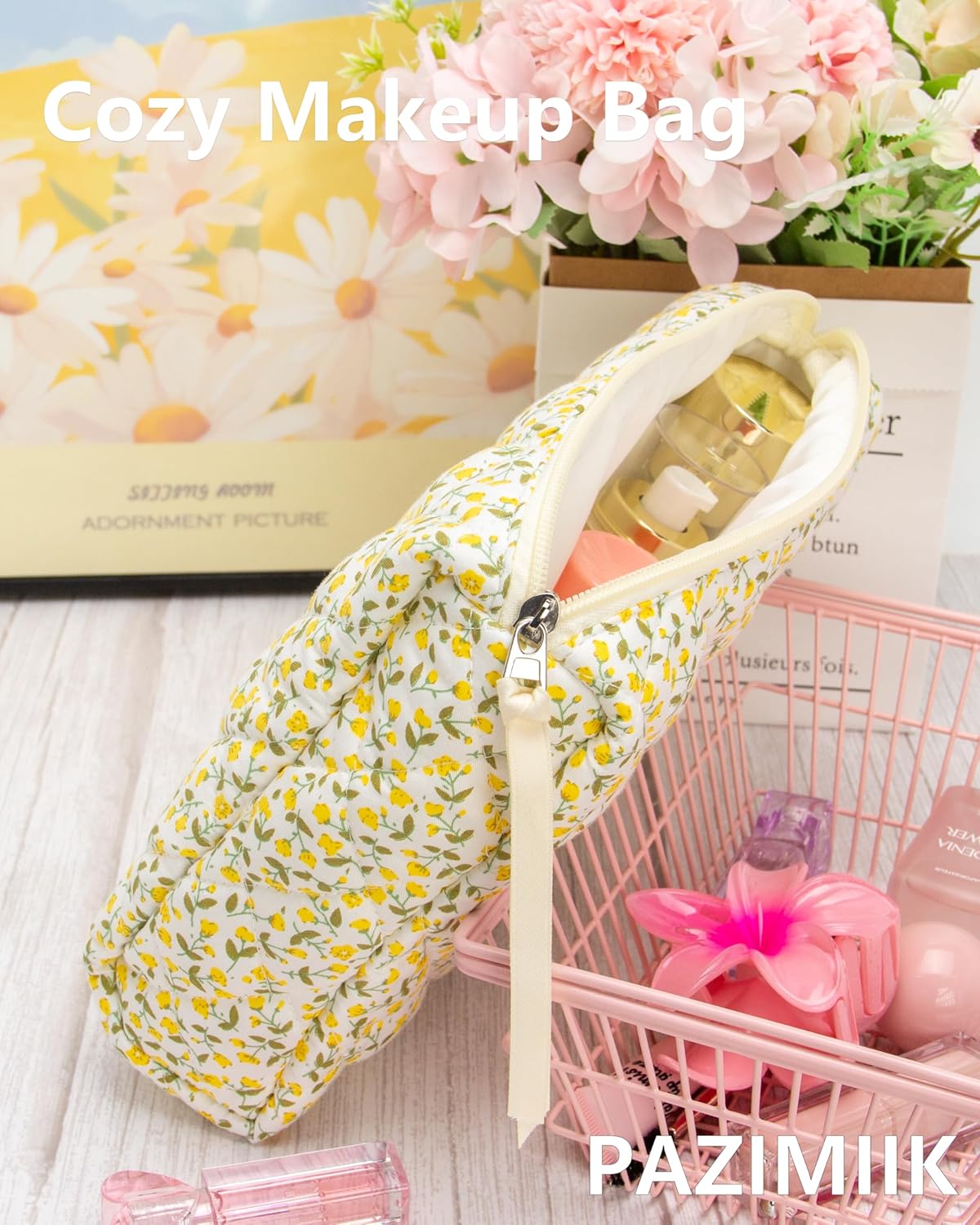 PAZIMIIK 3PCS Makeup Bag SET Large Travel Quilted Zipper Soft Cosmetic Case Pouch for Women Girls Make Up,Floral Yellow