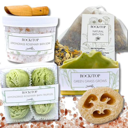 | 6 Lemongrass Rosemary Self Care Gifts for Women, Aromatherapy Epsom Salt Bath Soak, Lavender Soap, Bath Bombs, Bath Salts with Plant Based Loofa Dry Brushing Body Brush Gift