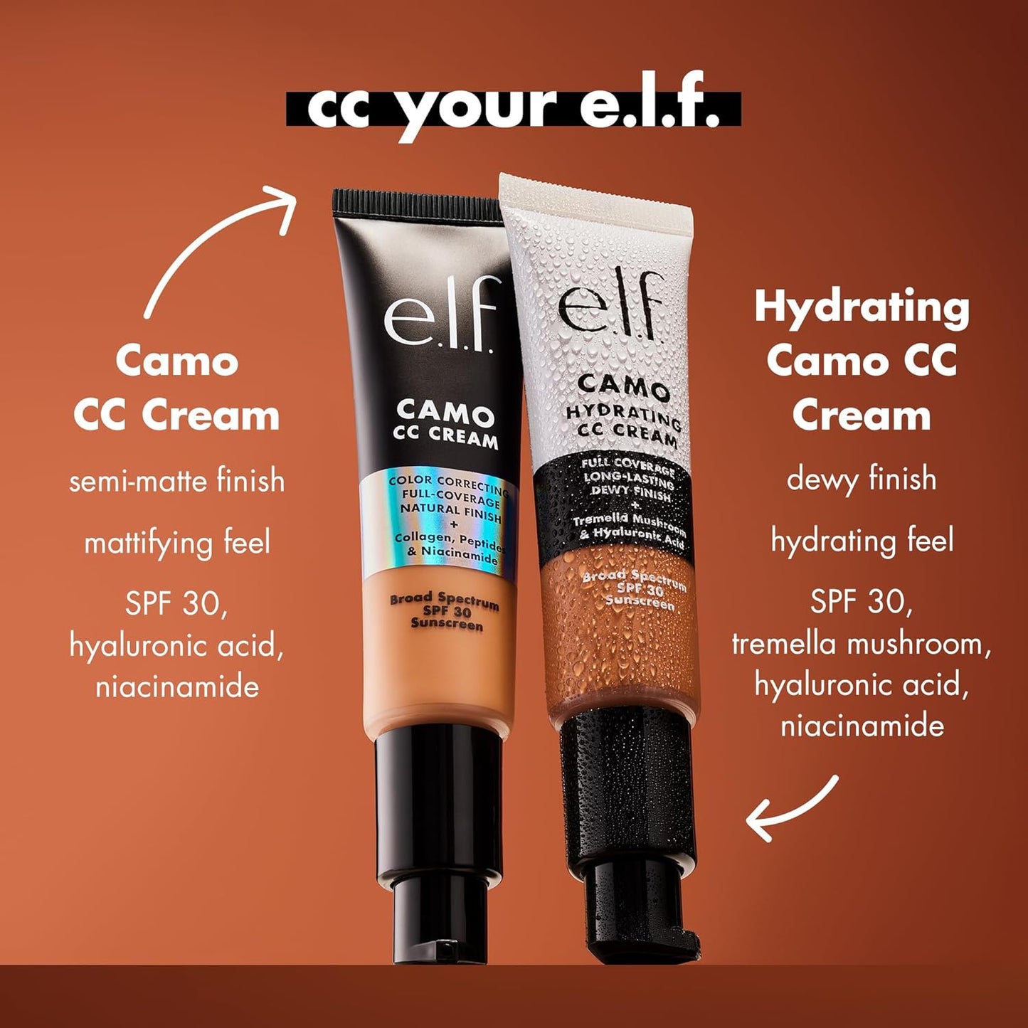 e.l.f. Hydrating Camo CC Cream, SPF 30, Color Correcting Full Coverage Foundation For A Dewy Finish, Vegan & Cruelty-Free, Light 205 N