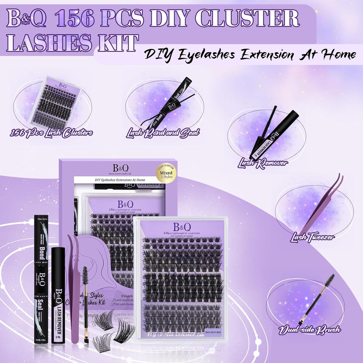 B&Qaugen Lash Clusters 156PCS Lash Clusters Kit B01+B02+B19 DIY Lash Extension Kit Eyelash Extension Kit 8-18mm Wispy Lashes Clusters with Lash Bond & Seal Lash Applicator Tool for DIY (Andromeda)