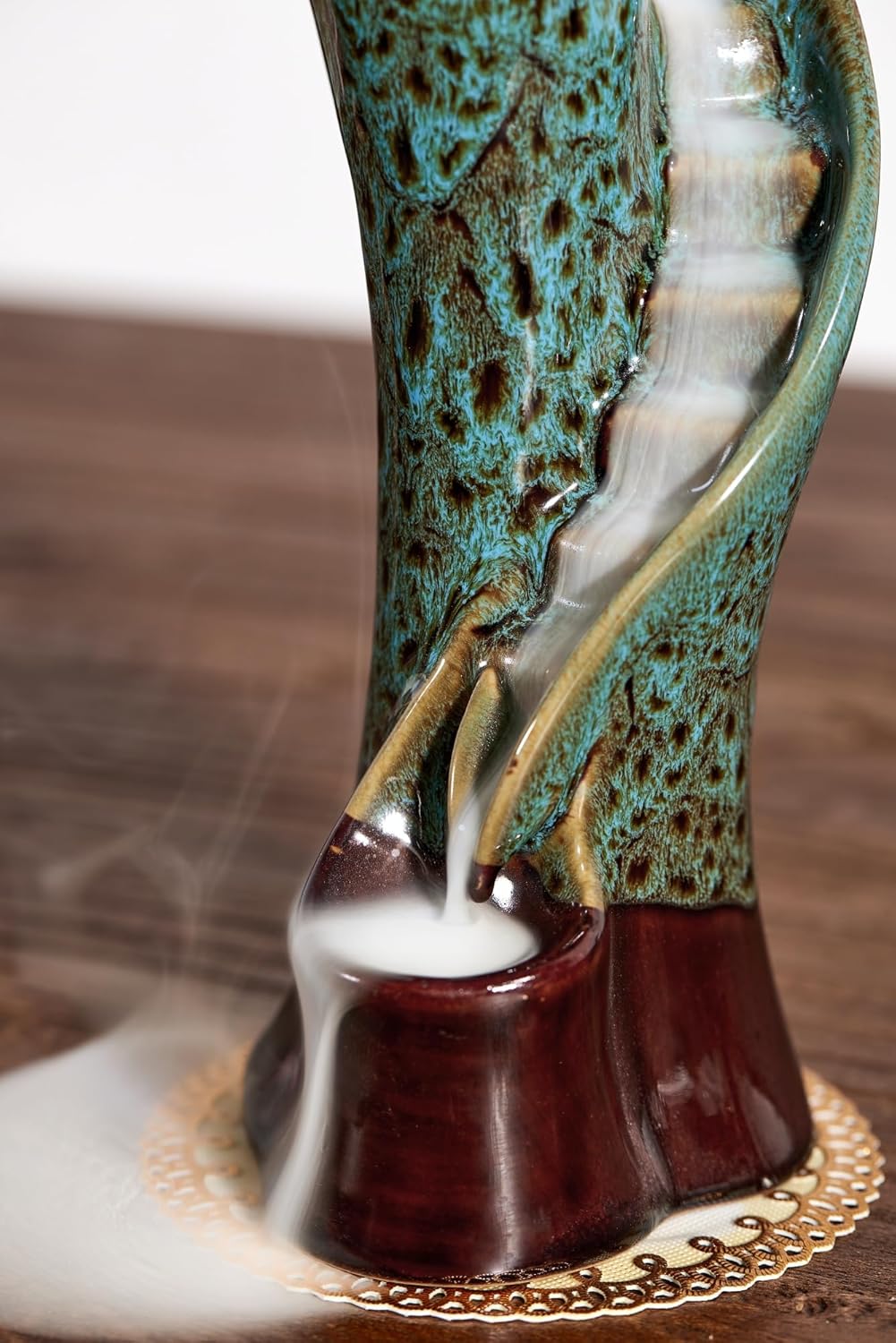 Unique Cloud Stairs Ceramic Waterfall Incense Holder, Paired with a Pack of Backflow Incense Cones. (Fambe Blue)