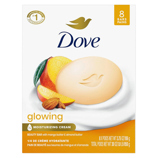 Dove Beauty Bar Soap Glowing Mango & Almond Butters, 8 Bars for Radiant Skin, Illuminates Skin 3.75 oz