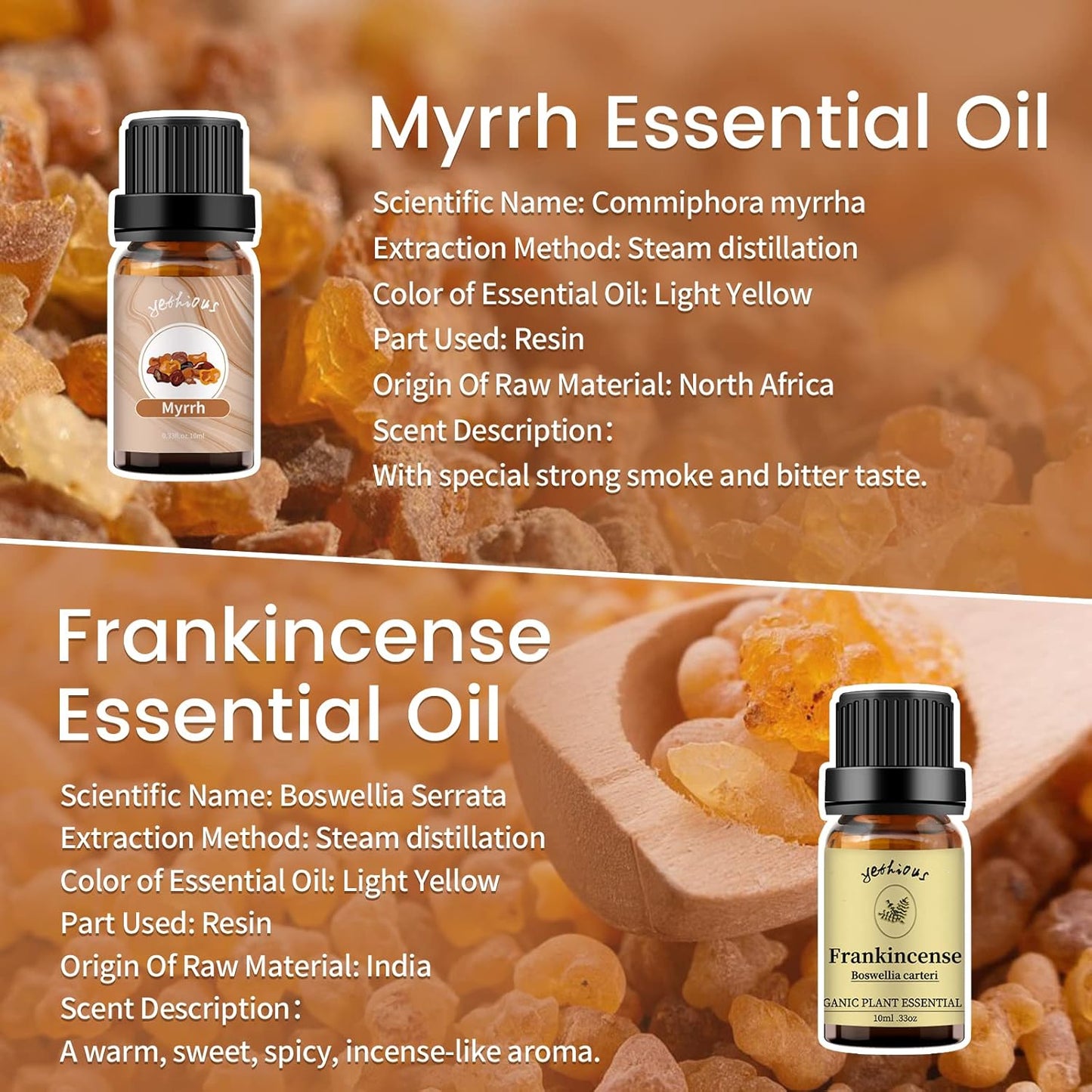 yethious Frankincense and Myrrh Oil Frankincense Essential Oil Myrrh Oils for Diffuser & Aromatherapy, Candle, Soap Candle Making - 2PCS 10ML