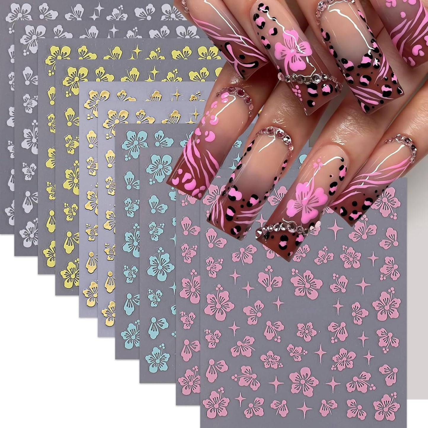 10 Sheets Hibiscus Flower Nail Stickers for Nail Art Petal Floral Nail Art Decals 3D Self-Adhesive Pink Blue Gold Silver Hibiscus Nail Design Pegatinas Uñas for Women DIY Manicure Decor Accessories