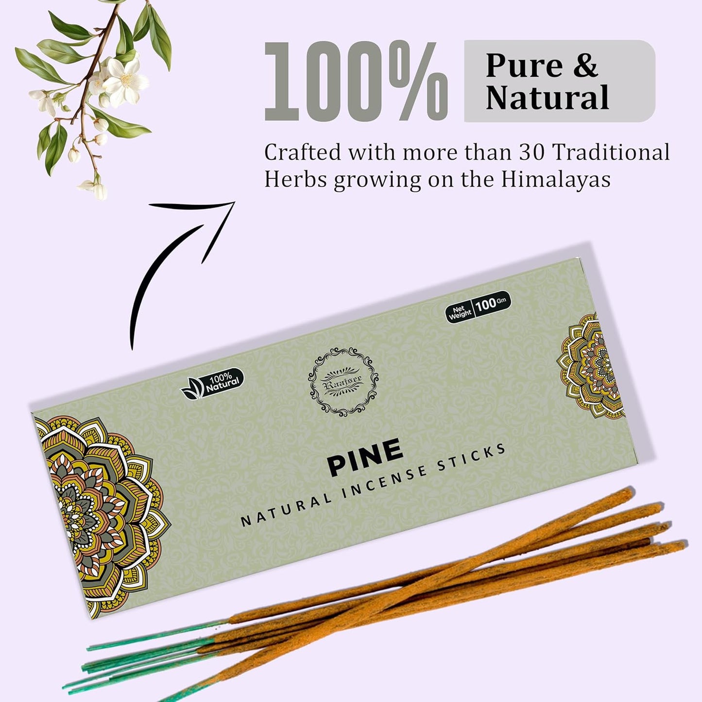 Raajsee Pine Incense Sticks 100 Gm Pack-100% Pure Organic Natural Hand Rolled Free from Chemicals-for Church,Aroma Therapy,Relaxation,Meditation & Sensual Therapy