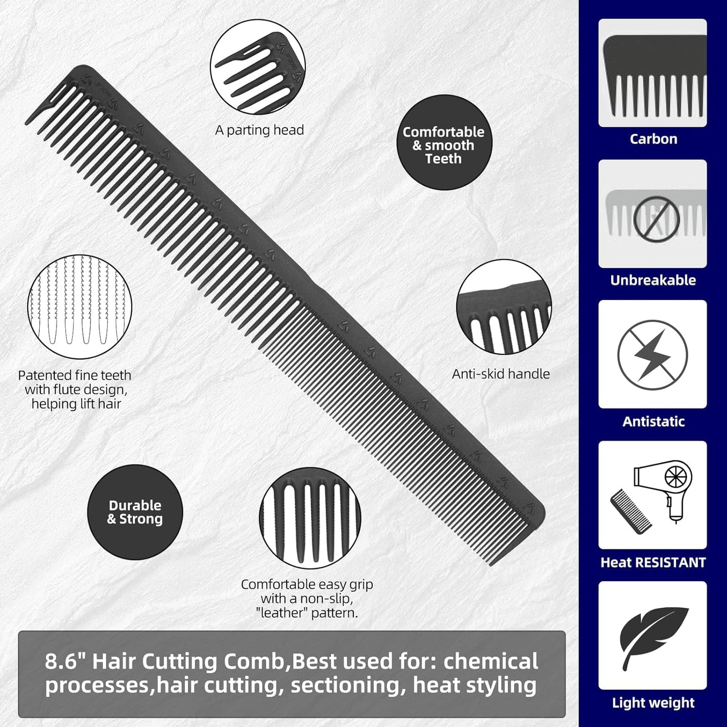 PERFEHAIR 2-Pack Professional Round Tooth Hair Cutting Comb - 8.6 Inch, Black Carbon Fiber Anti-Static & Heat Resistant, Durable Barber Combs with Fine & Wide Tooth for Precise Haircut for Men & Women