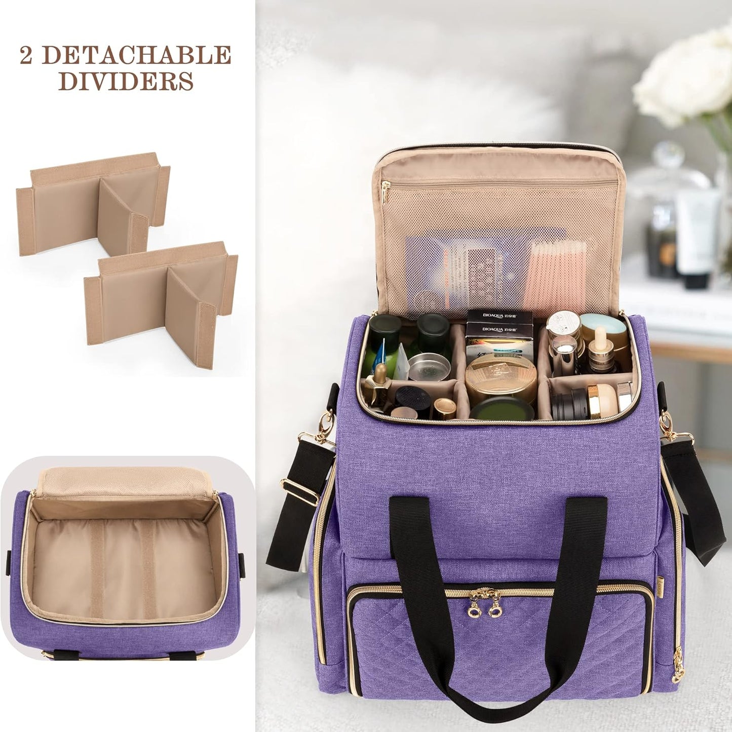 LUXJA Large Travel Makeup Bag with 3 Removable Cases, Cosmetic Bag with Detachable Dividers (Patent Pending), Purple
