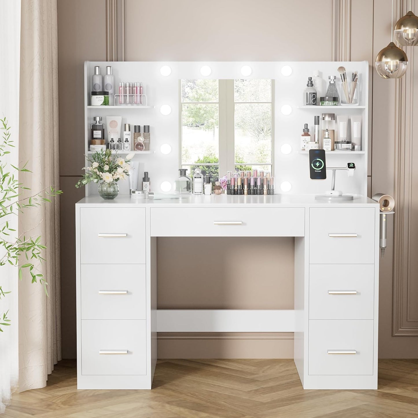 YESHOMY Vanity Desk with Mirror, Power Outlet and 10 Lights, Makeup Table with 7 Drawers, 3 Color Modes Available for Bedroom, Pure White