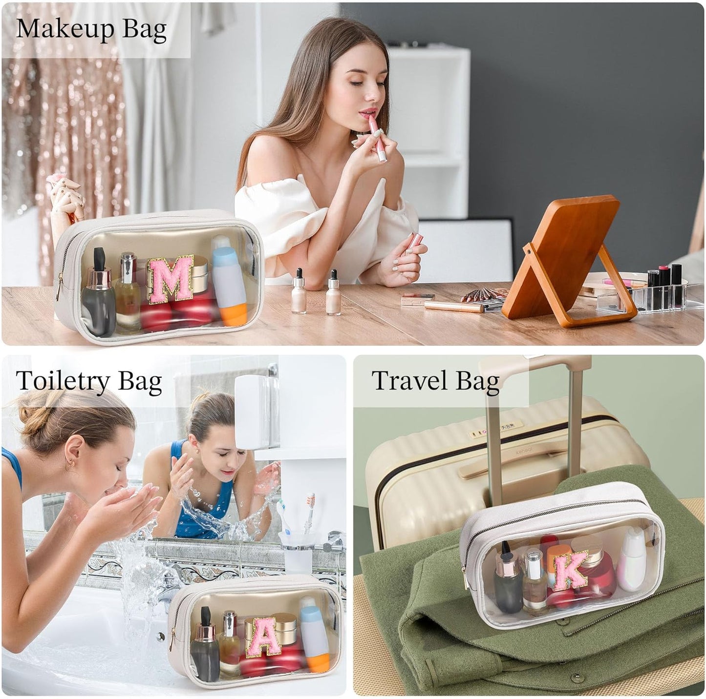 YOOLIFE Initial Make Up Bag Travel Toiletry Bag, Clear Makeup Bag Preppy Cosmetic Bag Clear Makeup Bags With Zipper Girlfriend Teacher 6 Year Old Girl Gifts Daughter Gifts Swim Gifts For Girls White Q