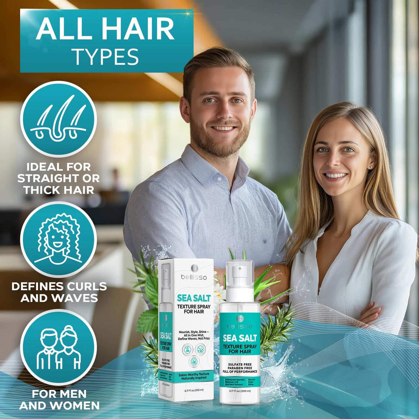 Sea Salt Spray - Dry Hair Texture for Women and Men - Products for Volume for Fine, Wavy and Curly Hair - Thickening, Texturizing and Light Volumizing Effect - Alcohol Free Formula - Travel Size