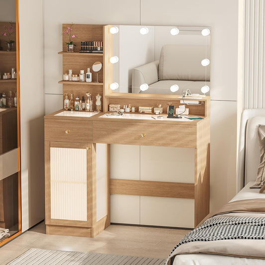 40" Vanity Desk with Large Mirror and Lights, Modern Glass Top Makeup Vanity Set with Power Outlet, Drawers and Cabinet, 3 Lighting Color Adjustable Dressing Table for Bedroom,Oak