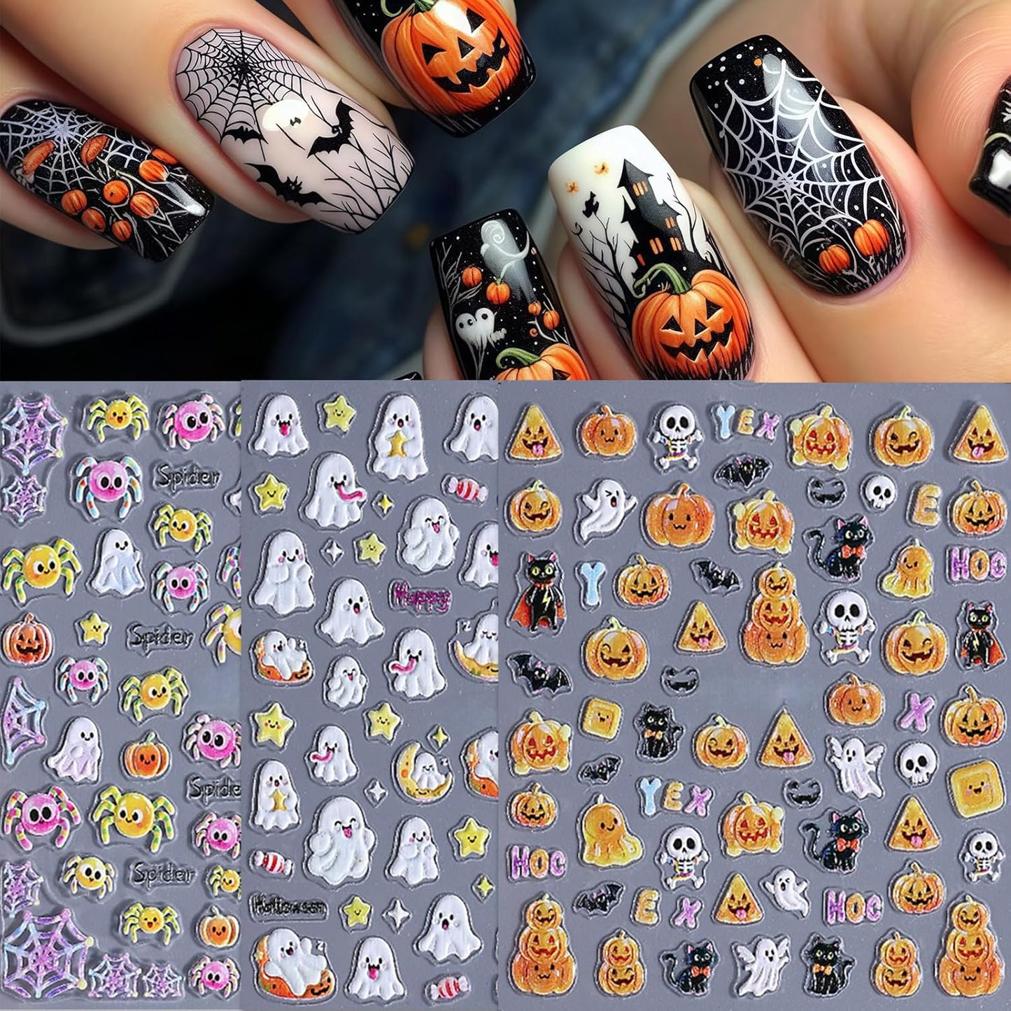 3 Sheets Halloween Nail Stickers 5D Embossed Star Moon Ghost Self-Adhesive Nail Decals Pumpkin Ghost Nail Art Stickers Spider Web Skulls Bat Nails Design Nail Supplies for Acrylic Nails Manicure Decor