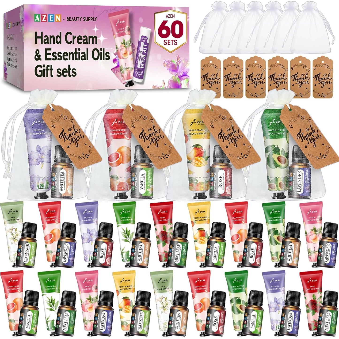 AZEN 60 Sets Bulk Gifts, Hand Cream and Essential Oils Bulk Set with Organza Bag Thank You Card, Baby Shower Wedding Gifts for Guests, Bridal Wedding Favors for Guests,Thank You Gifts for Women