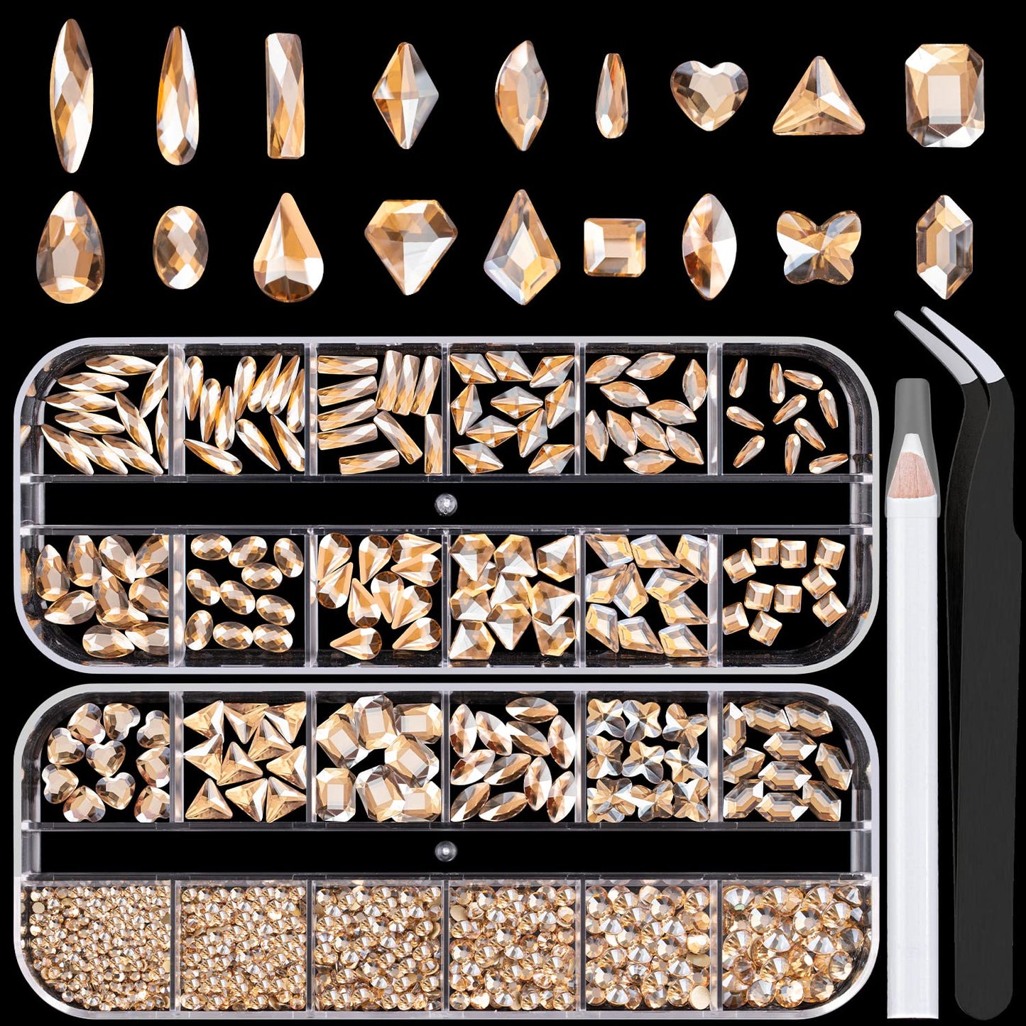 18 Styles Multi-Shaped Glass Gemstones for Nails and 6 Sizes Round Crystal Rhinestones Kit #5, Champagne Nail Art Charm Bead Manicure Decoration with Pickup Pencil and Tweezer