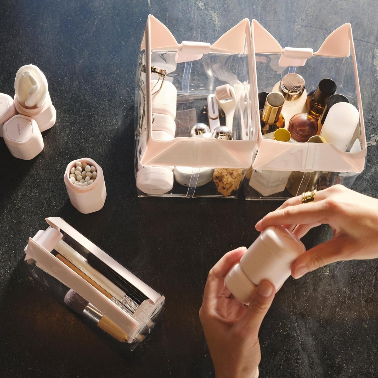 Cadence Travel Containers - Core Skincare Set - Magnetic Containers with Lids,2 Small (0.56oz) & 3 Medium (1.32oz) - Cleanser, Moisturizer, Serum, Makeup Remover & Sun Icon Labels - Pacific